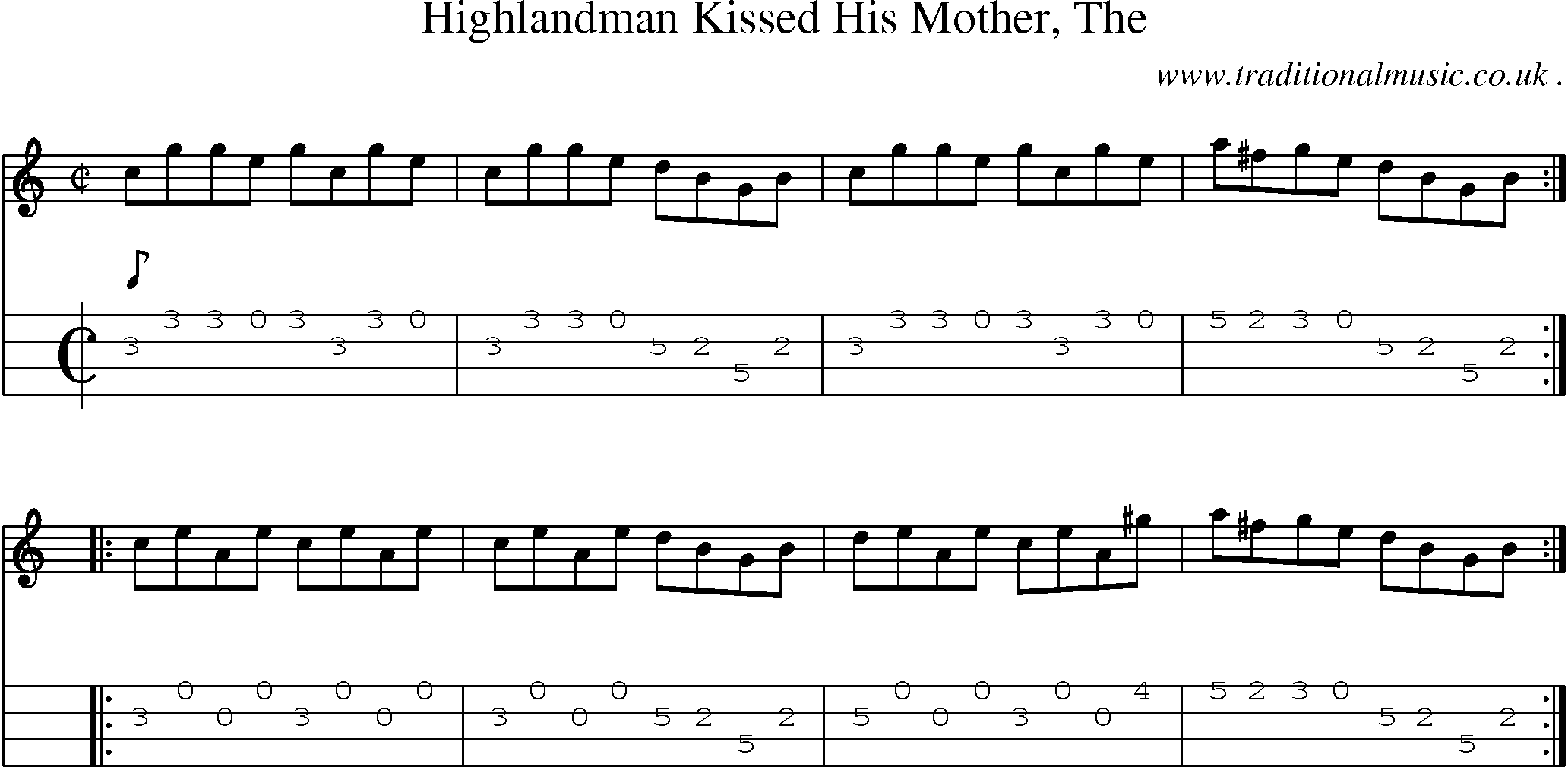 Sheet-music  score, Chords and Mandolin Tabs for Highlandman Kissed His Mother The