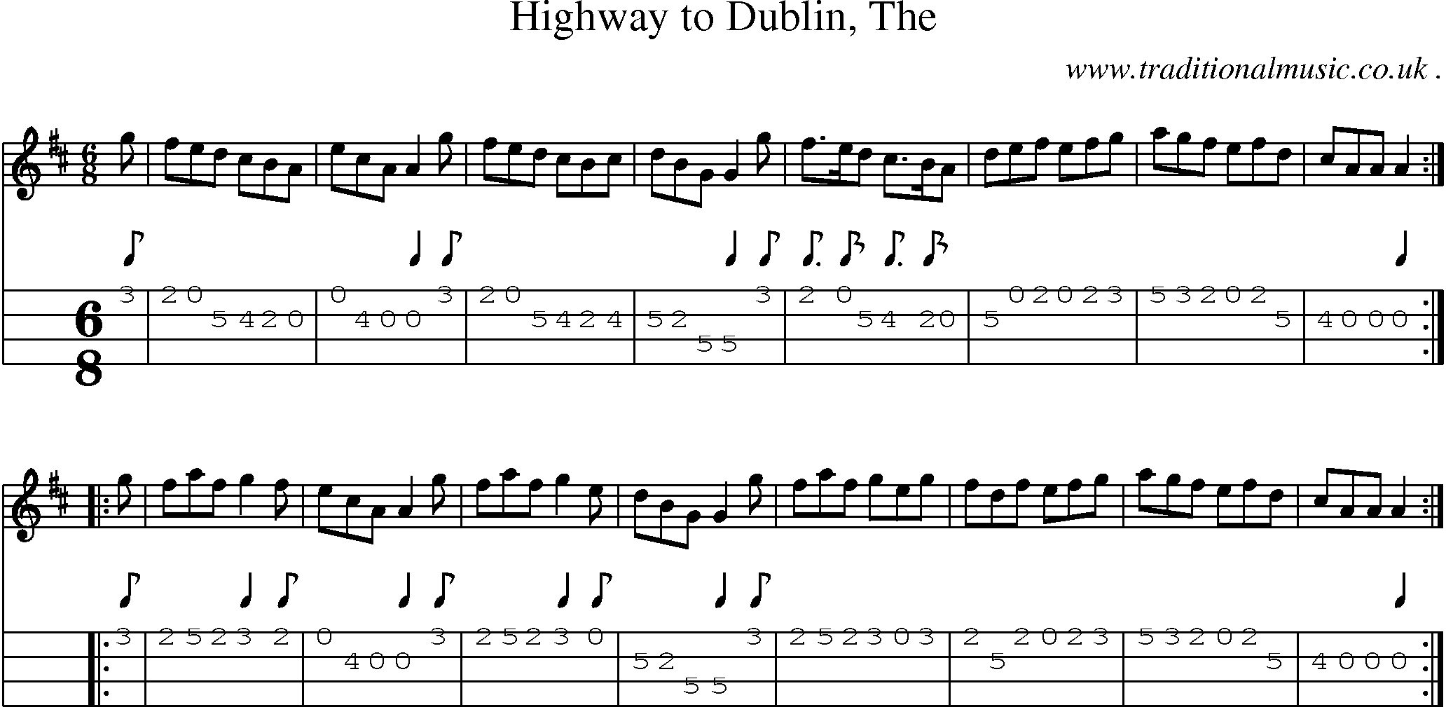 Sheet-music  score, Chords and Mandolin Tabs for Highway To Dublin The
