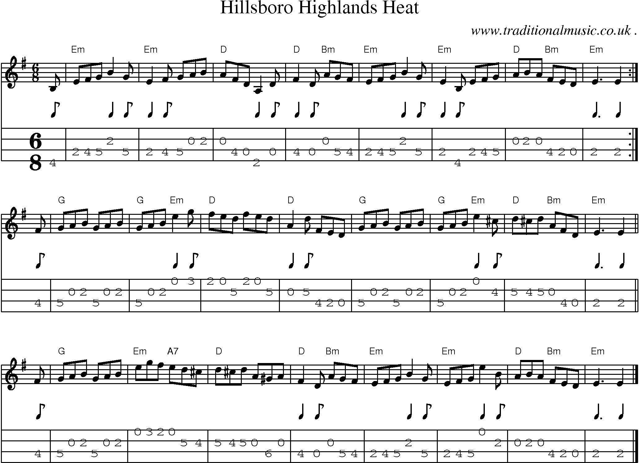 Sheet-music  score, Chords and Mandolin Tabs for Hillsboro Highlands Heat
