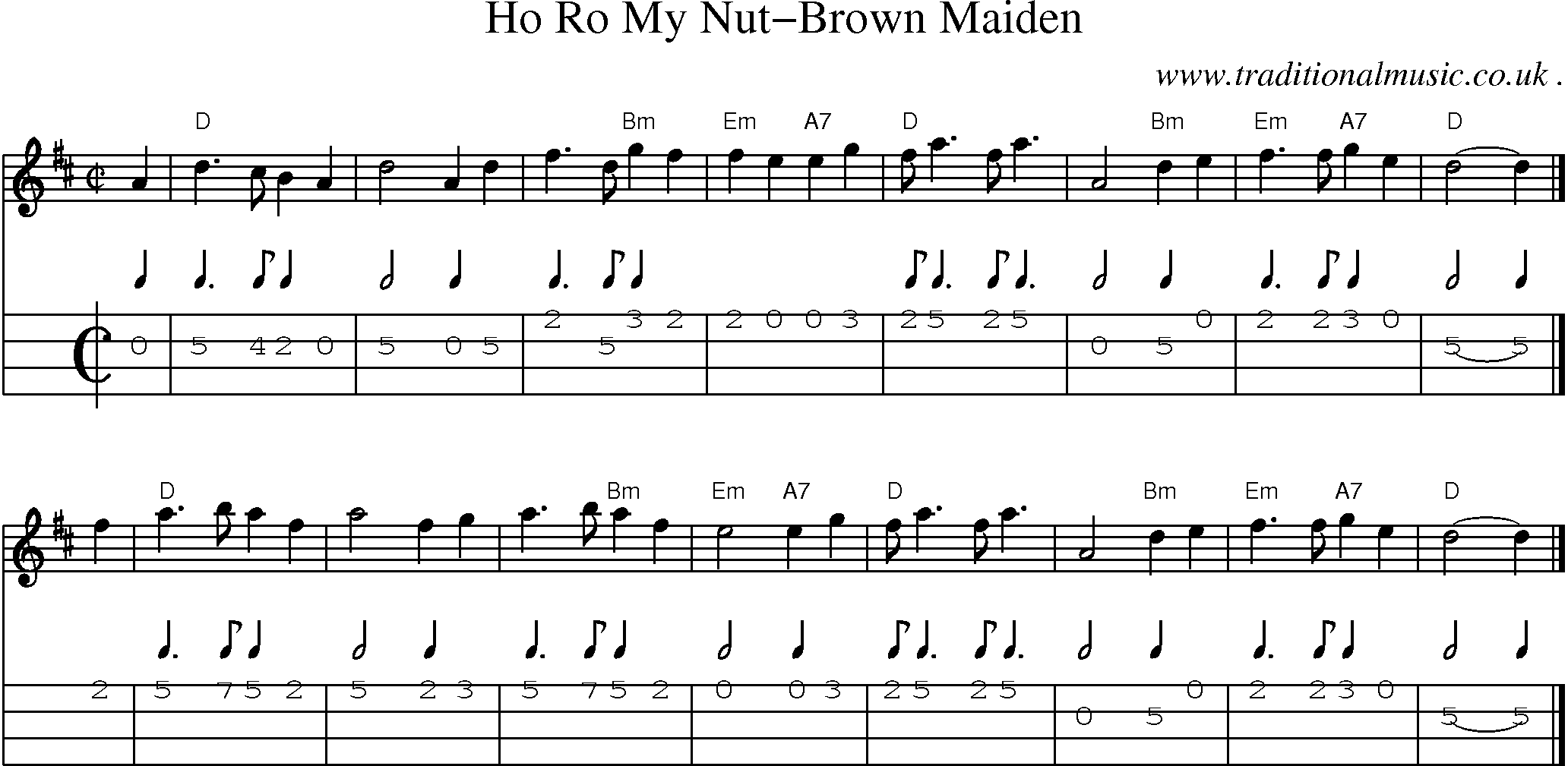 Sheet-music  score, Chords and Mandolin Tabs for Ho Ro My Nut-brown Maiden