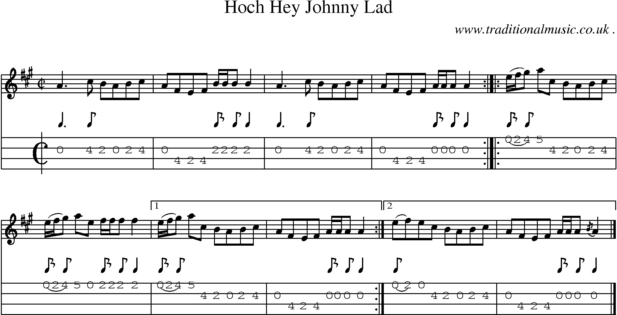 Sheet-music  score, Chords and Mandolin Tabs for Hoch Hey Johnny Lad