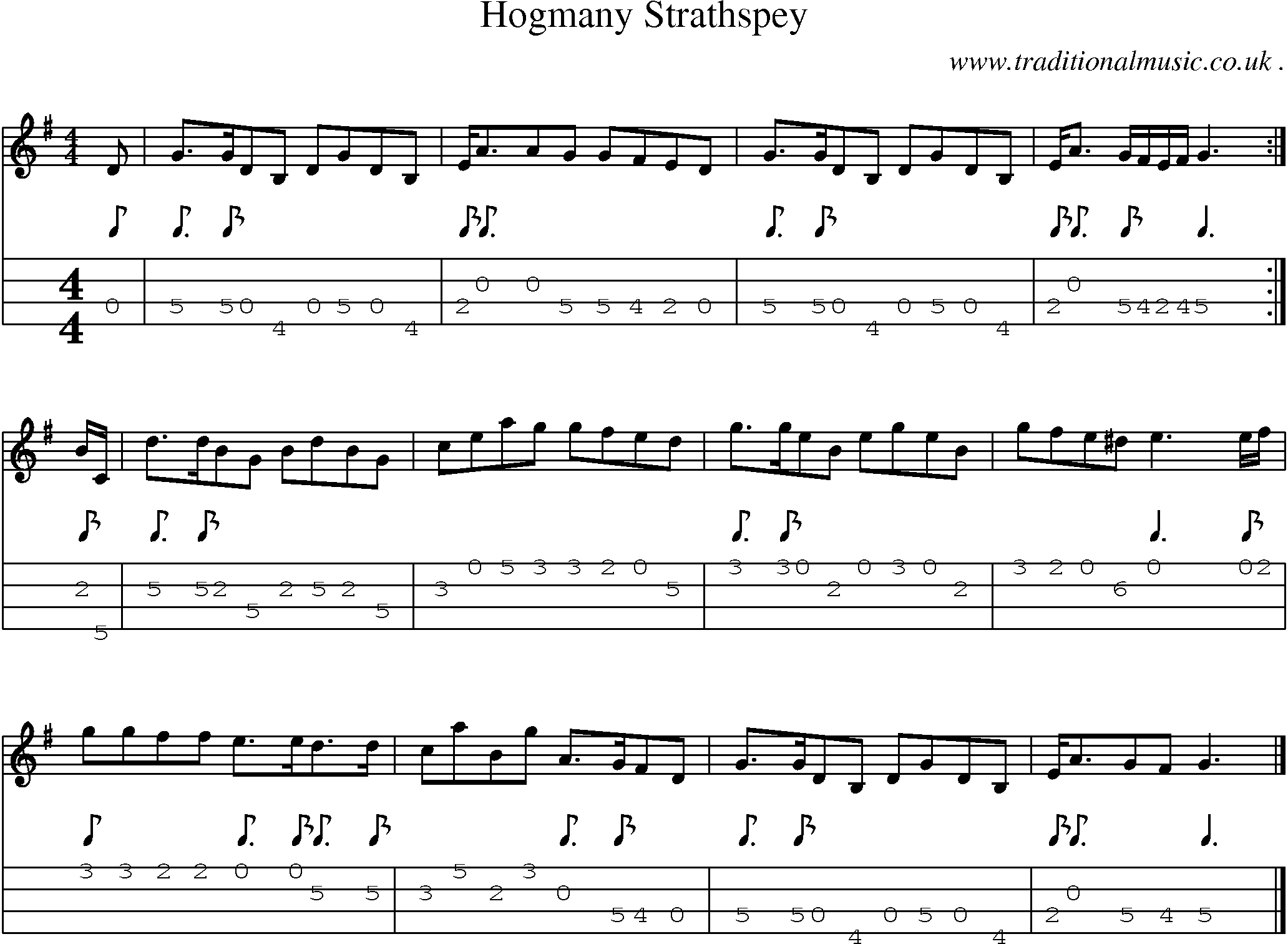 Sheet-music  score, Chords and Mandolin Tabs for Hogmany Strathspey