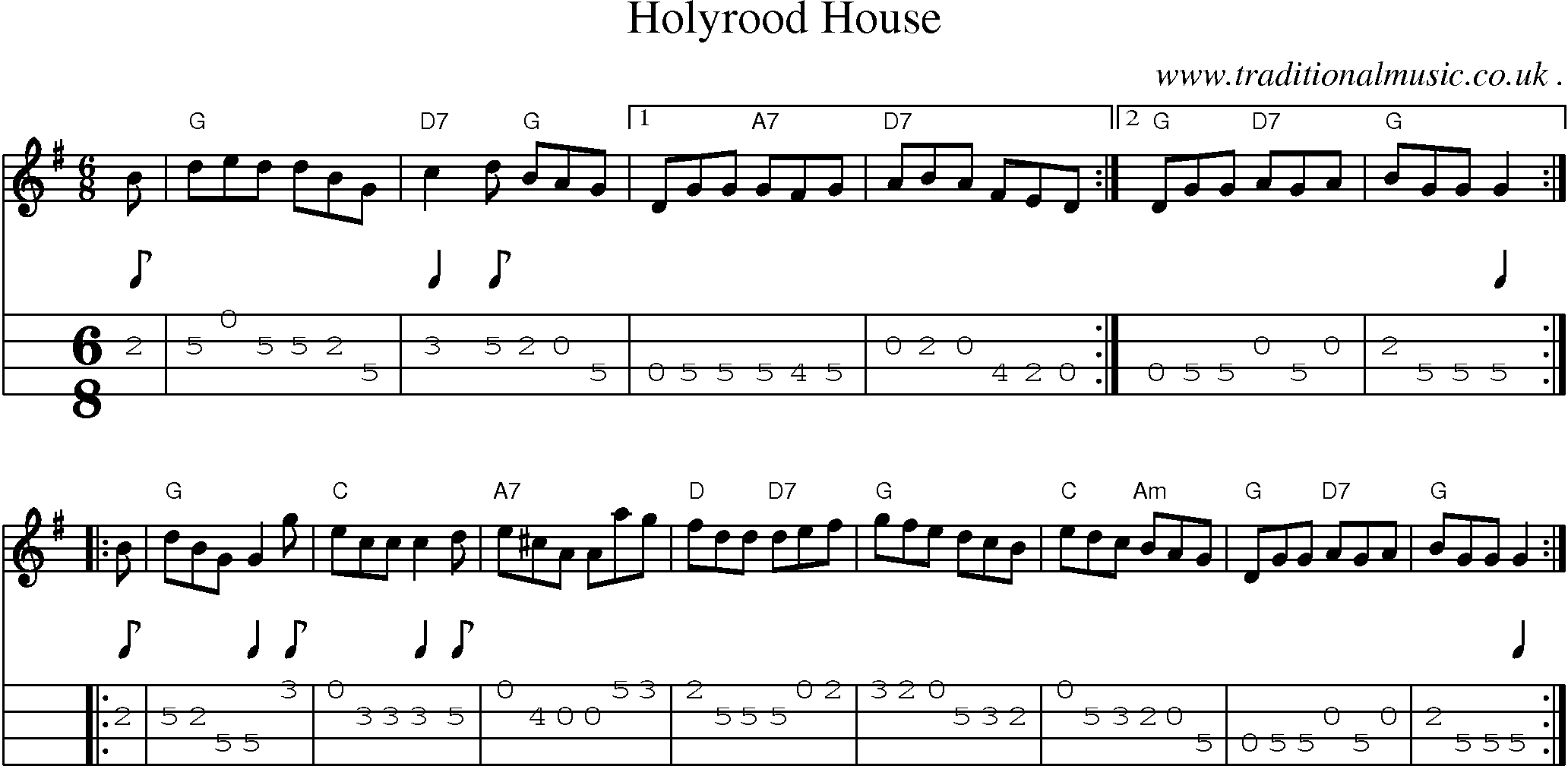 Sheet-music  score, Chords and Mandolin Tabs for Holyrood House