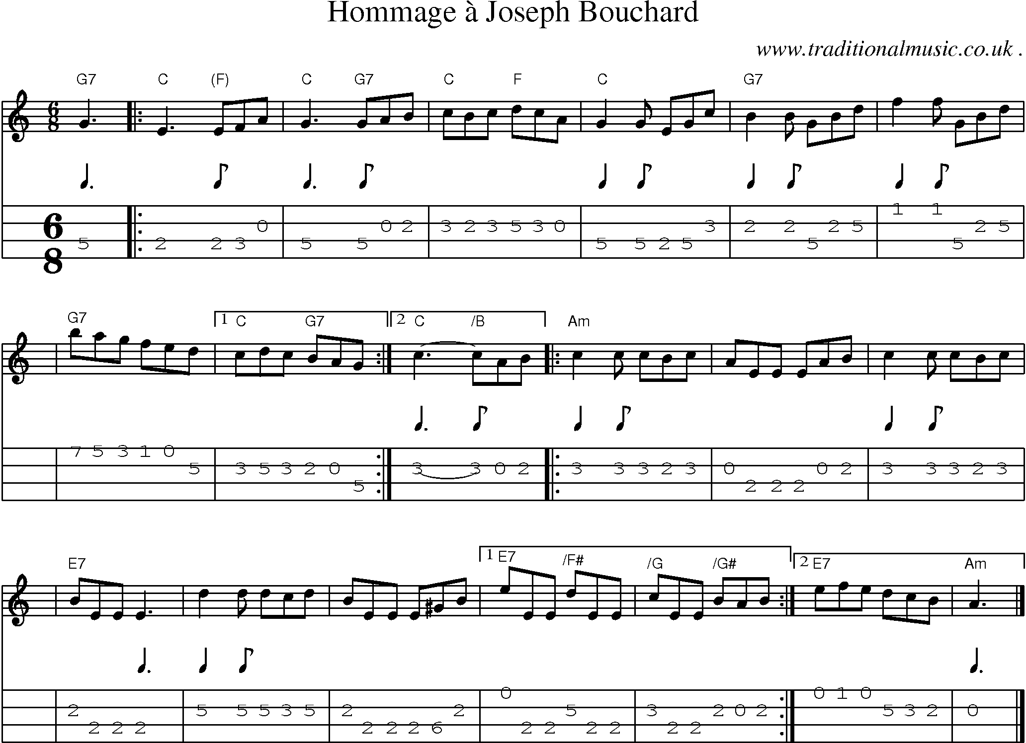 Sheet-music  score, Chords and Mandolin Tabs for Hommage A Joseph Bouchard