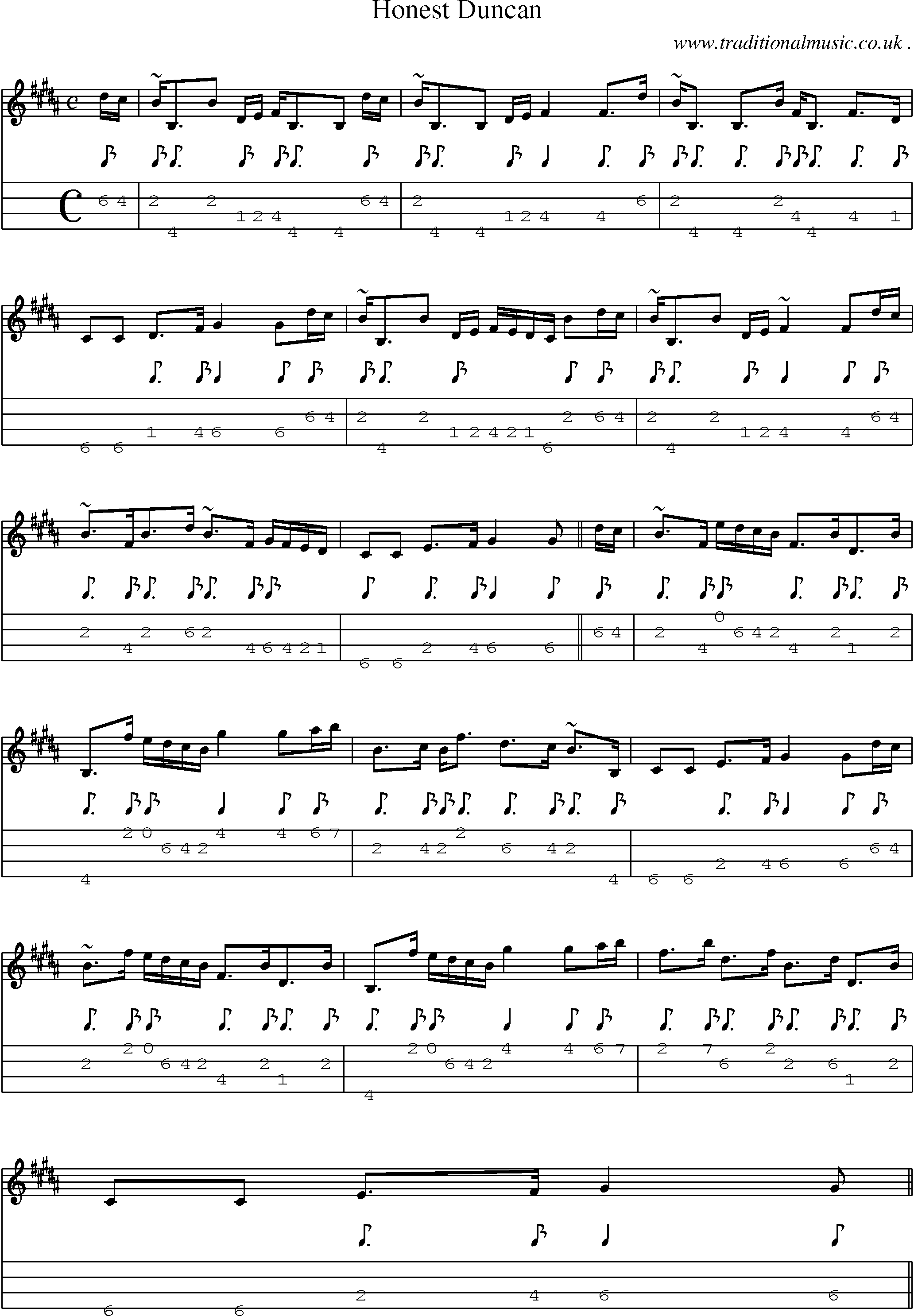 Sheet-music  score, Chords and Mandolin Tabs for Honest Duncan