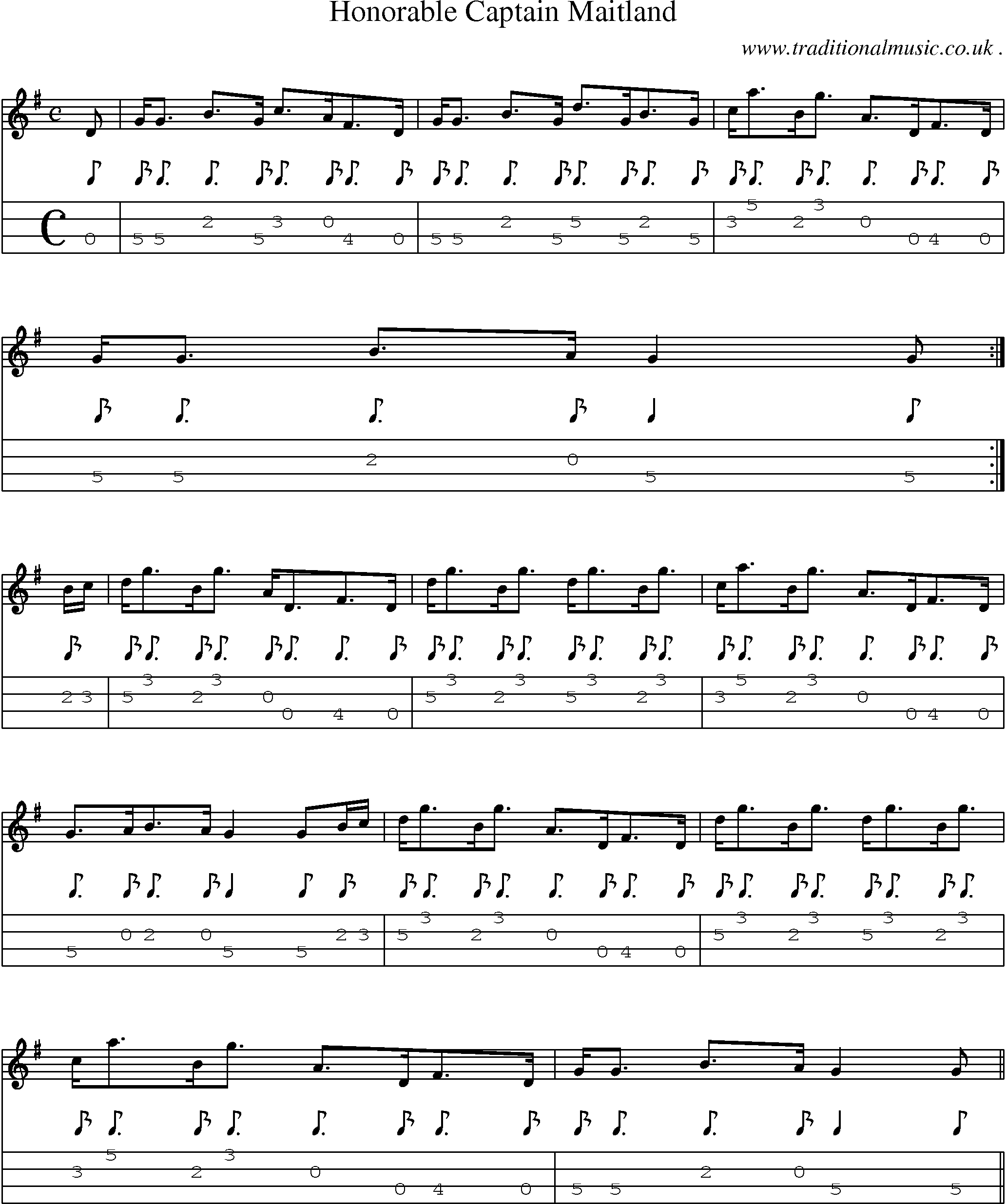 Sheet-music  score, Chords and Mandolin Tabs for Honorable Captain Maitland