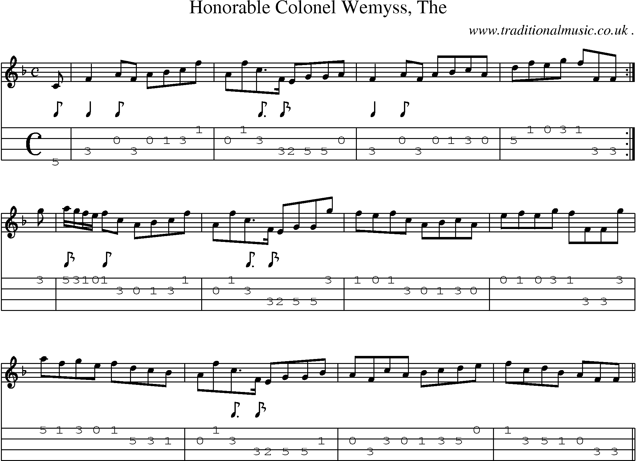 Sheet-music  score, Chords and Mandolin Tabs for Honorable Colonel Wemyss The