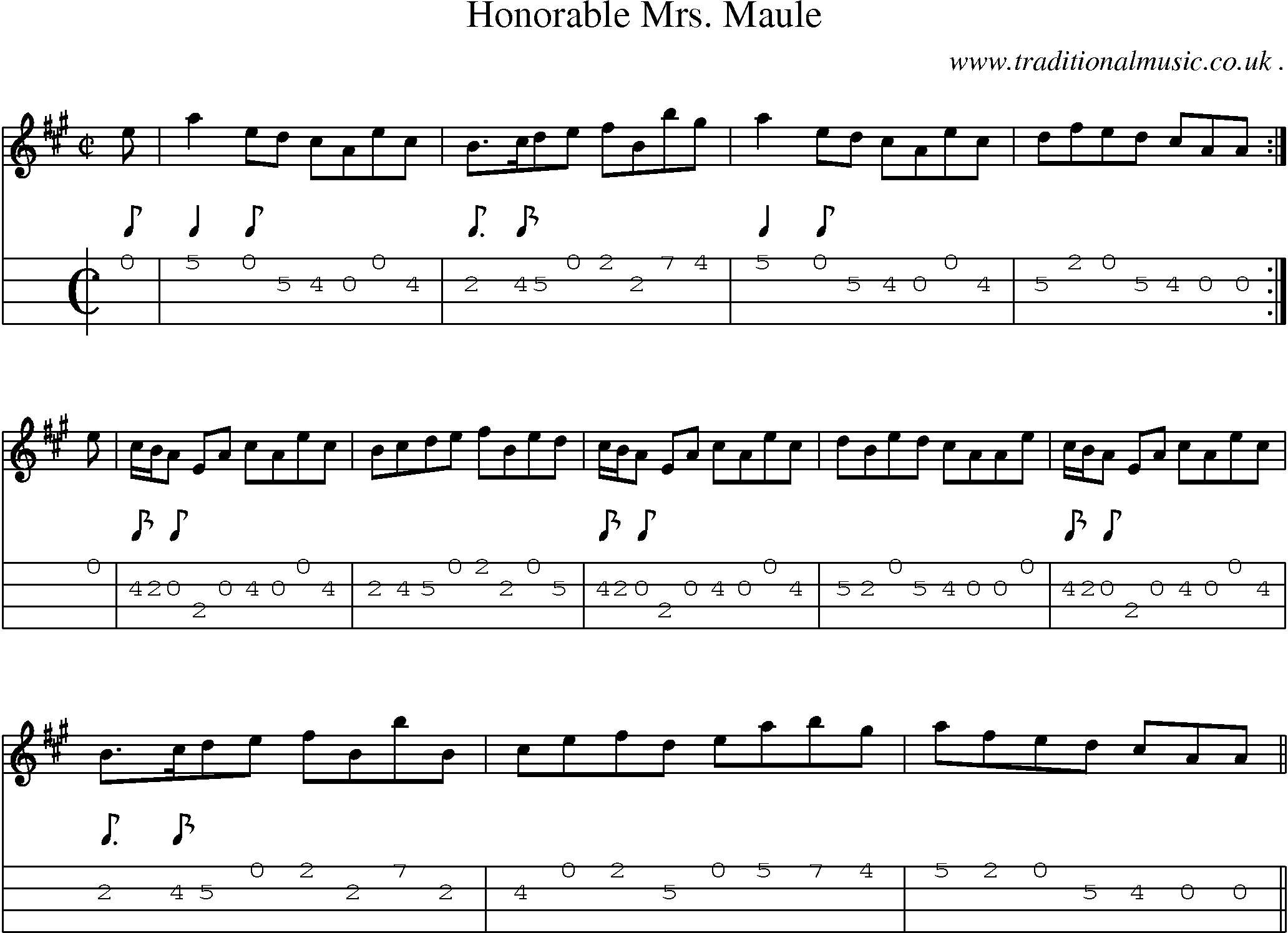 Sheet-music  score, Chords and Mandolin Tabs for Honorable Mrs Maule