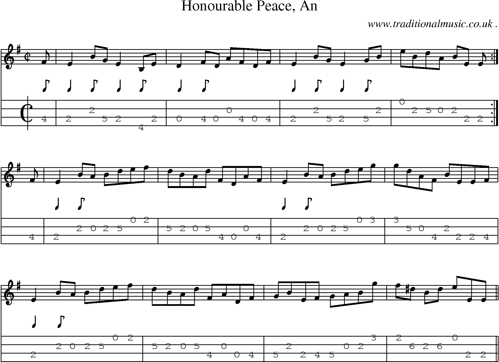 Sheet-music  score, Chords and Mandolin Tabs for Honourable Peace An