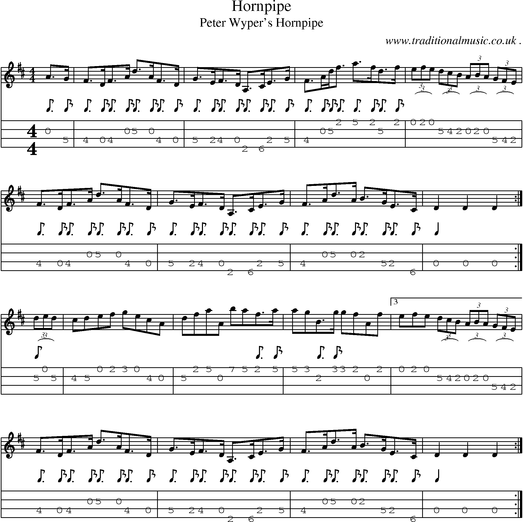 Sheet-music  score, Chords and Mandolin Tabs for Hornpipe