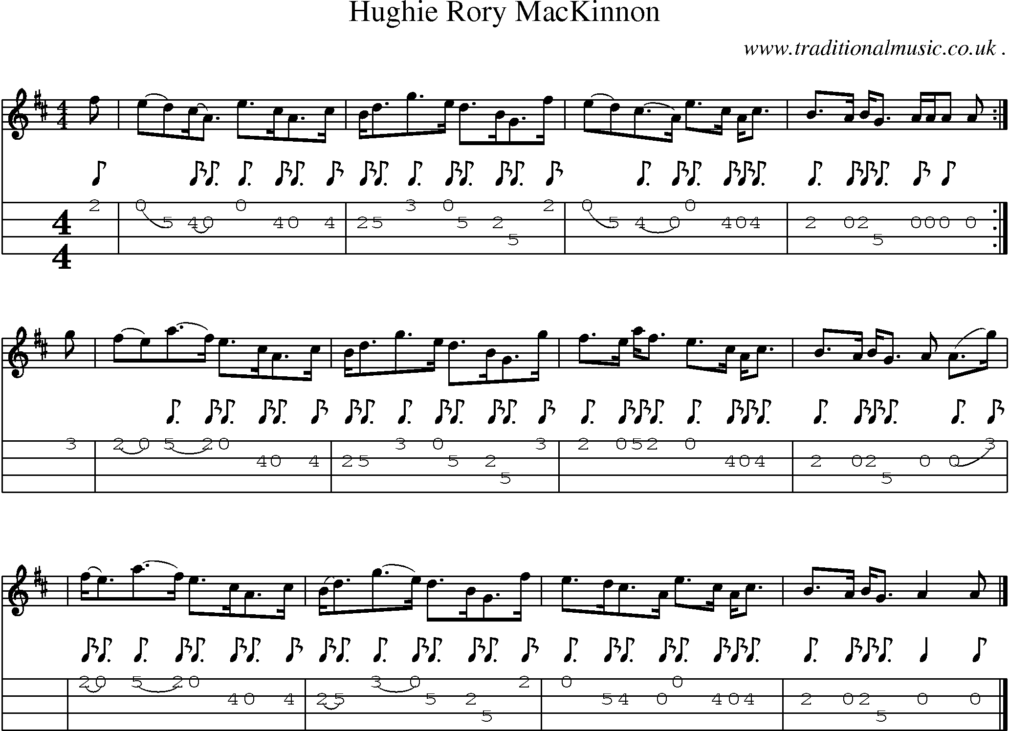 Sheet-music  score, Chords and Mandolin Tabs for Hughie Rory Mackinnon