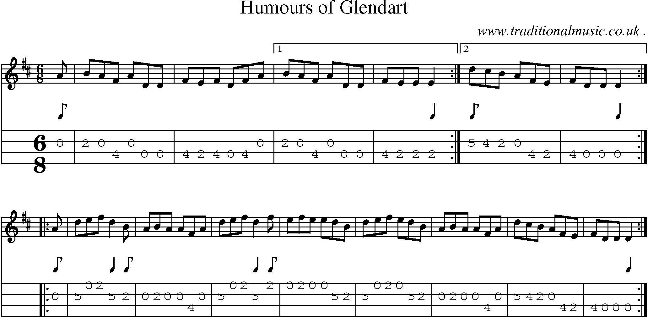 Sheet-music  score, Chords and Mandolin Tabs for Humours Of Glendart