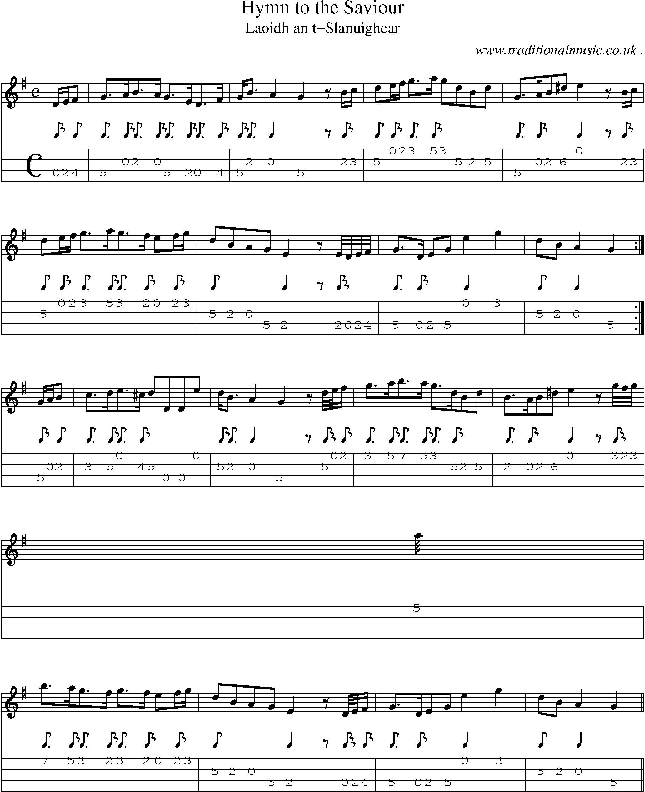 Sheet-music  score, Chords and Mandolin Tabs for Hymn To The Saviour