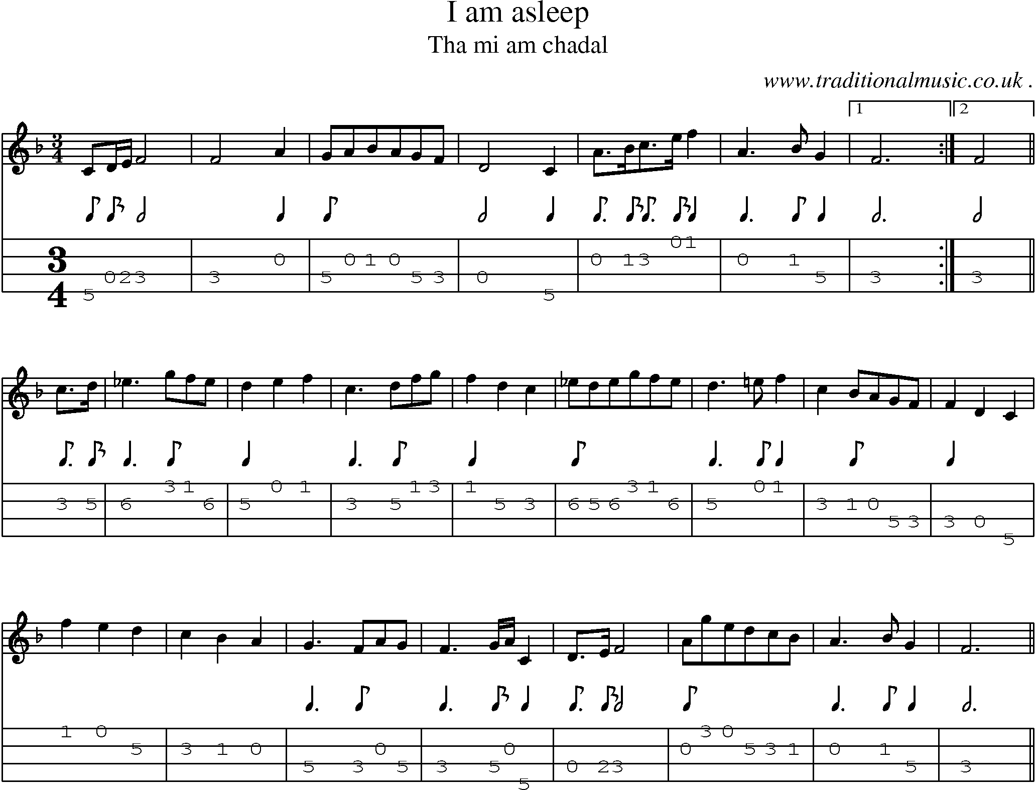 Sheet-music  score, Chords and Mandolin Tabs for I Am Asleep