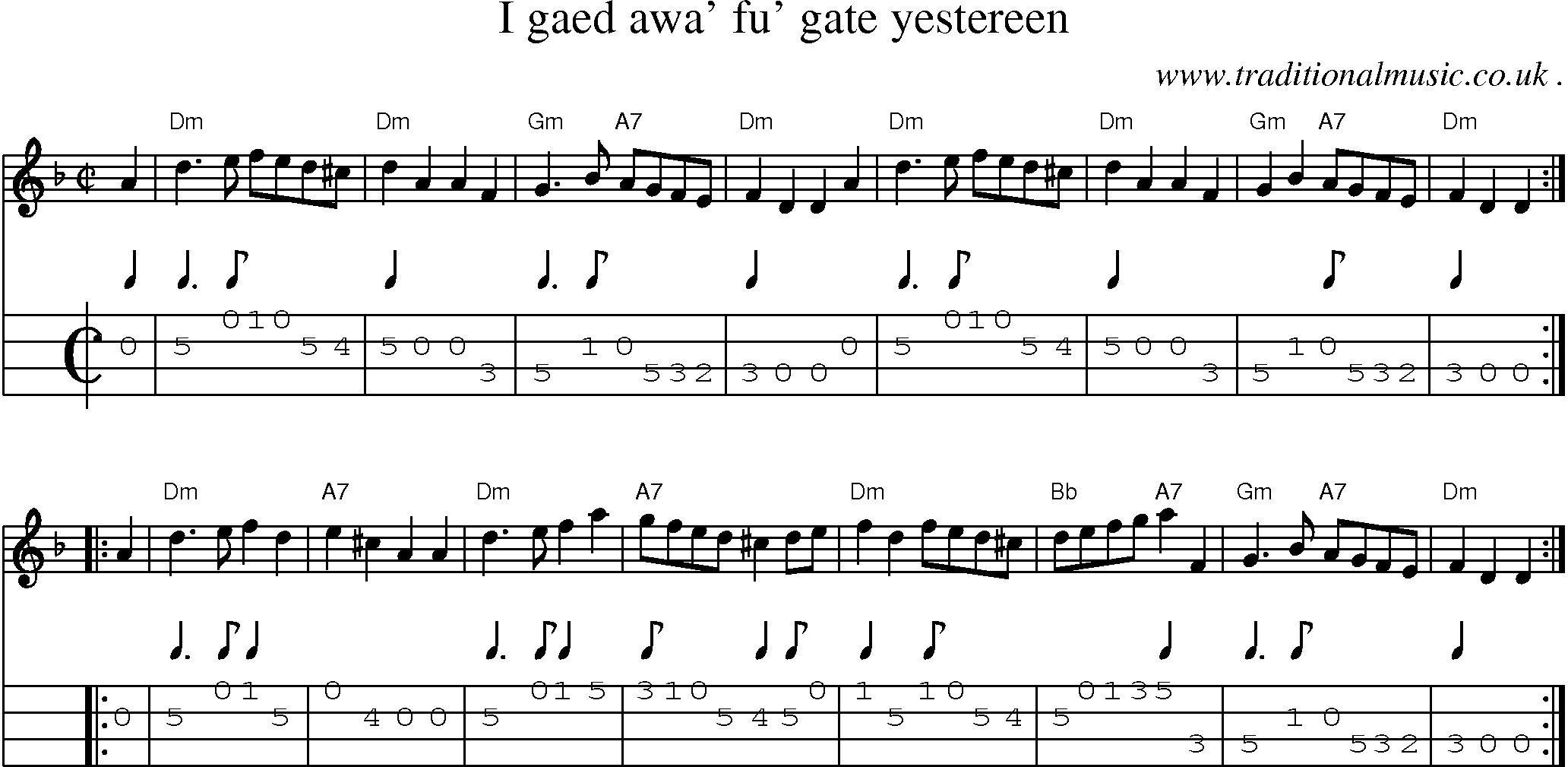 Sheet-music  score, Chords and Mandolin Tabs for I Gaed Awa Fu Gate Yestereen