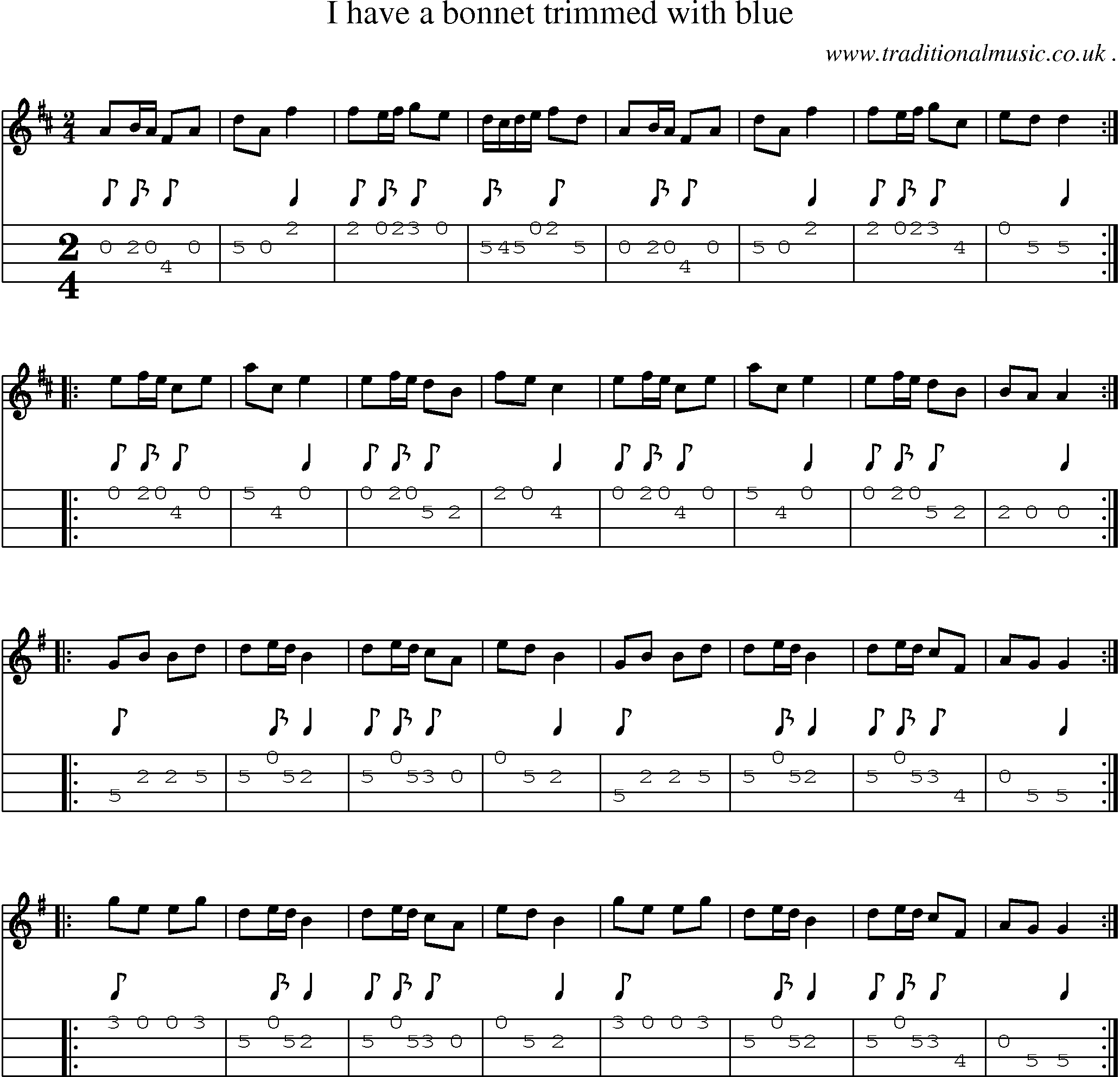 Sheet-music  score, Chords and Mandolin Tabs for I Have A Bonnet Trimmed With Blue