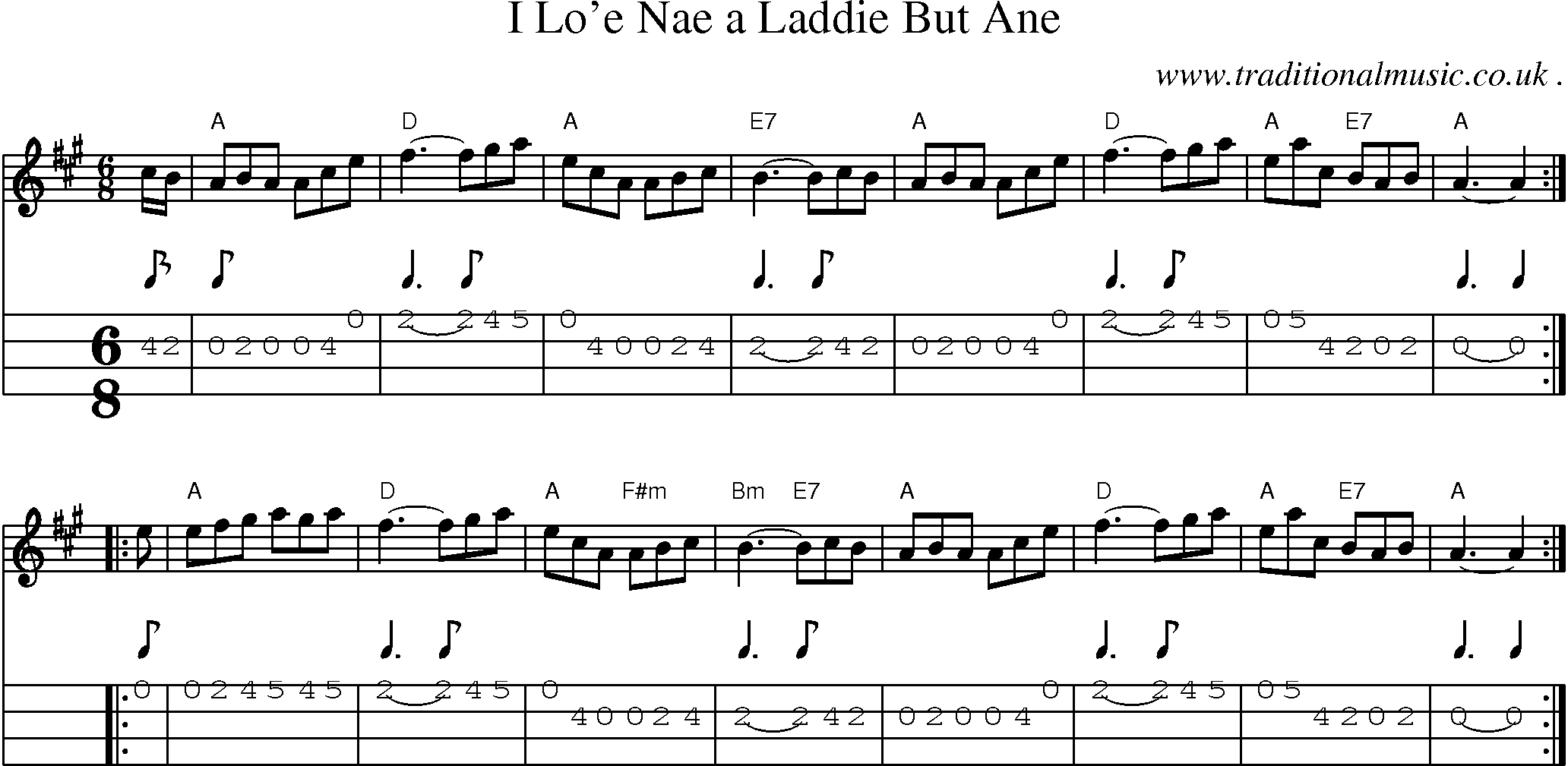 Sheet-music  score, Chords and Mandolin Tabs for I Loe Nae A Laddie But Ane