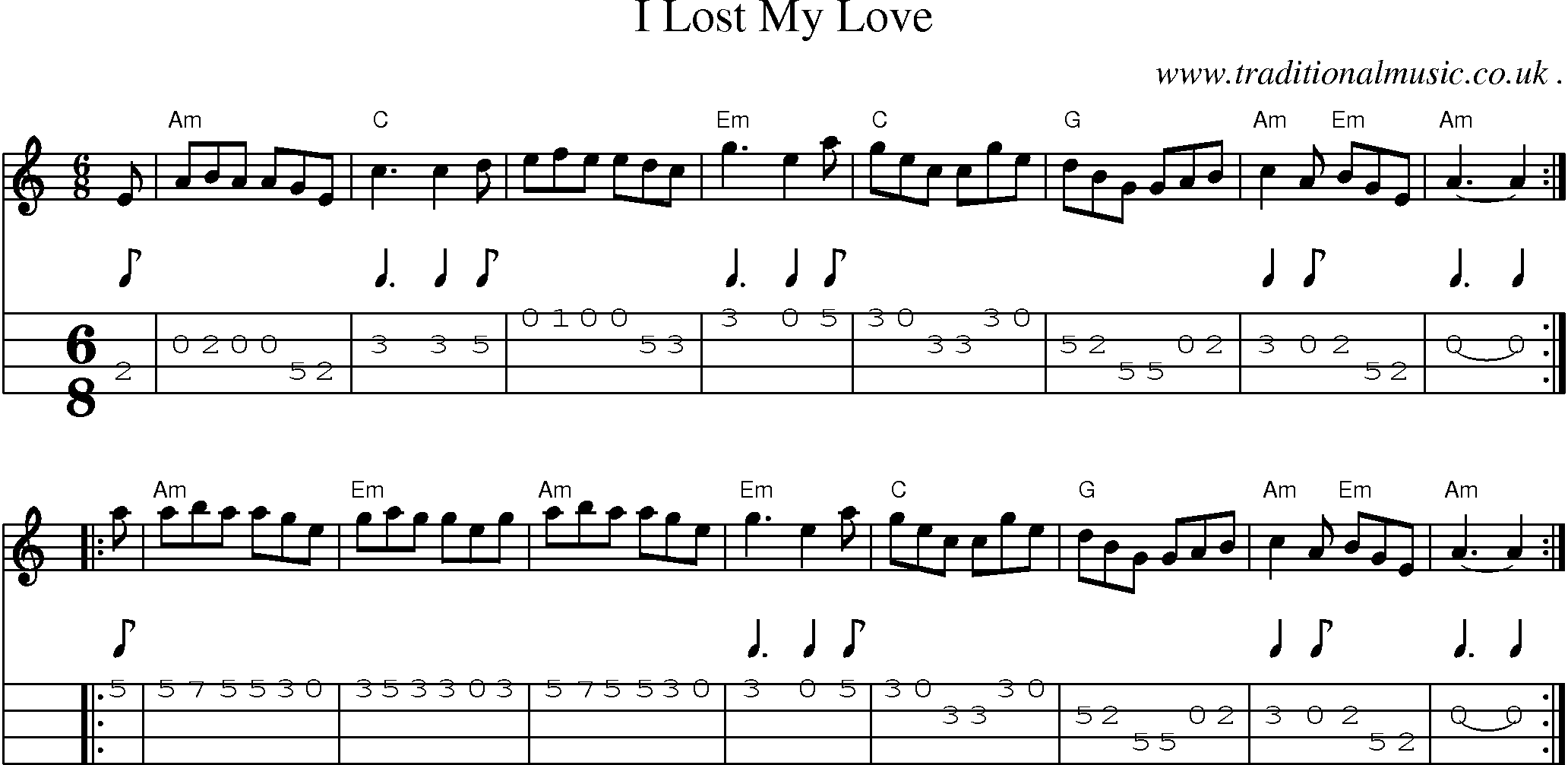 Sheet-music  score, Chords and Mandolin Tabs for I Lost My Love