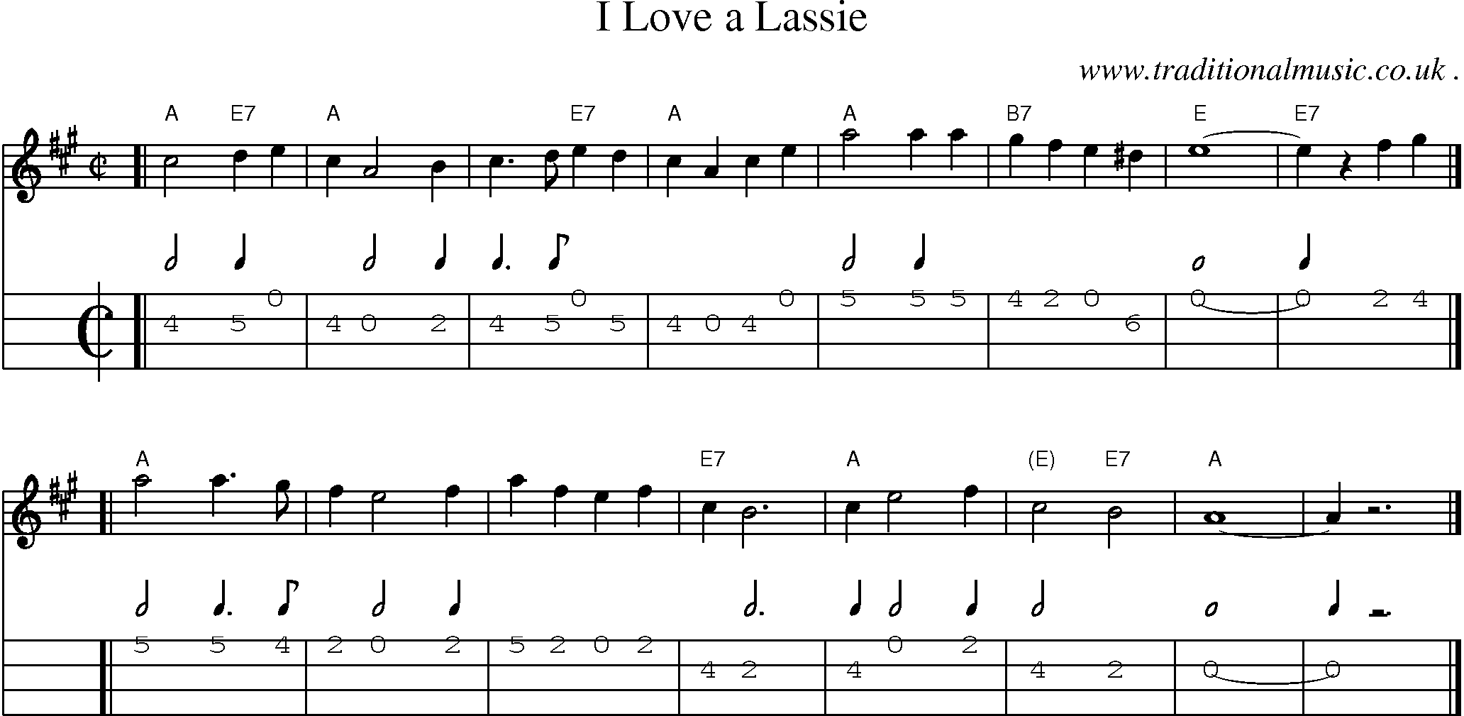 Sheet-music  score, Chords and Mandolin Tabs for I Love A Lassie