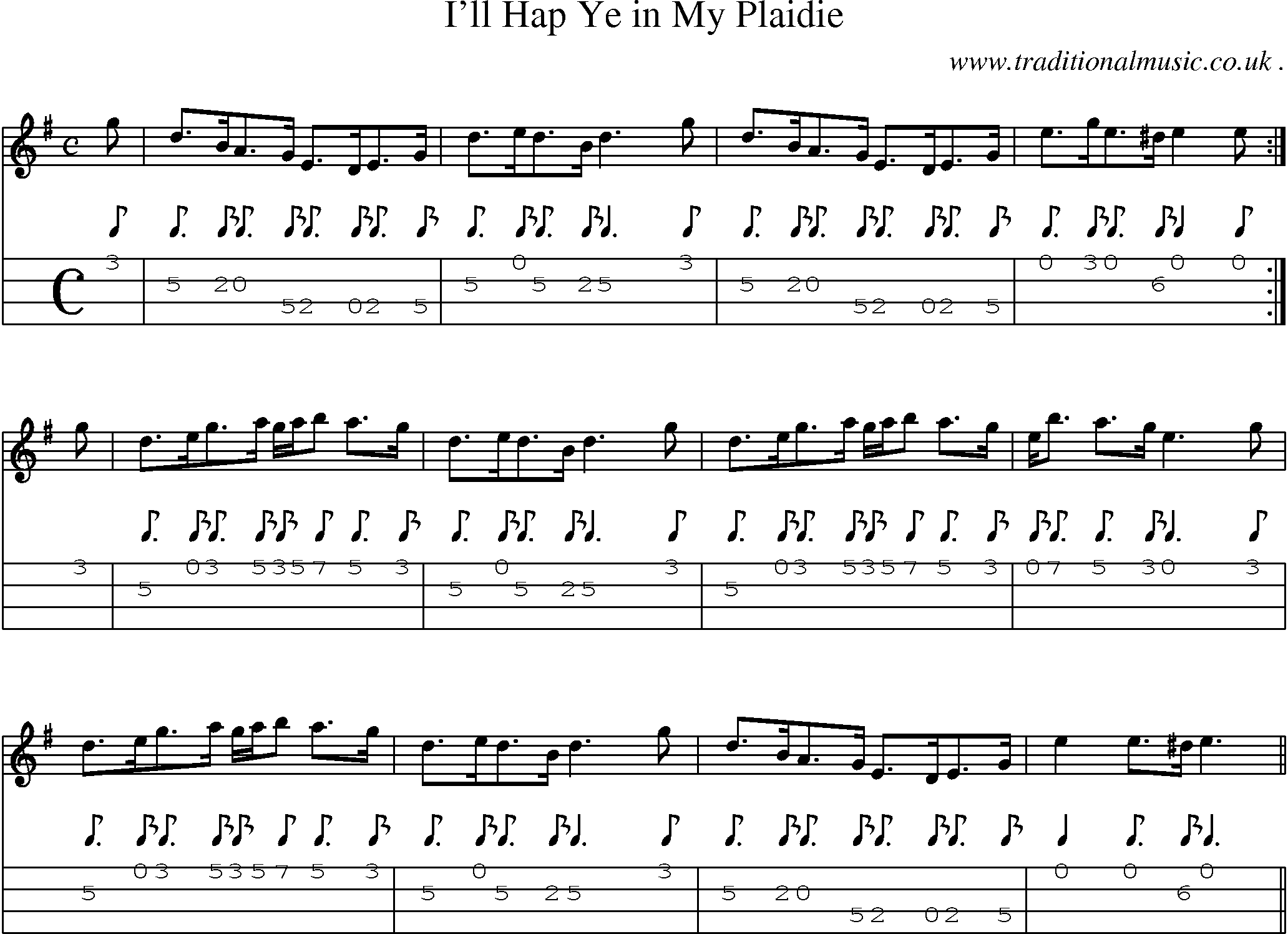 Sheet-music  score, Chords and Mandolin Tabs for Ill Hap Ye In My Plaidie