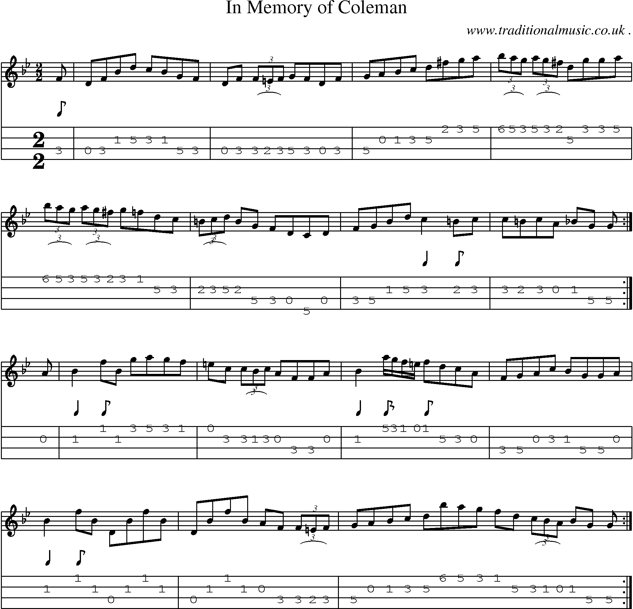 Sheet-music  score, Chords and Mandolin Tabs for In Memory Of Coleman