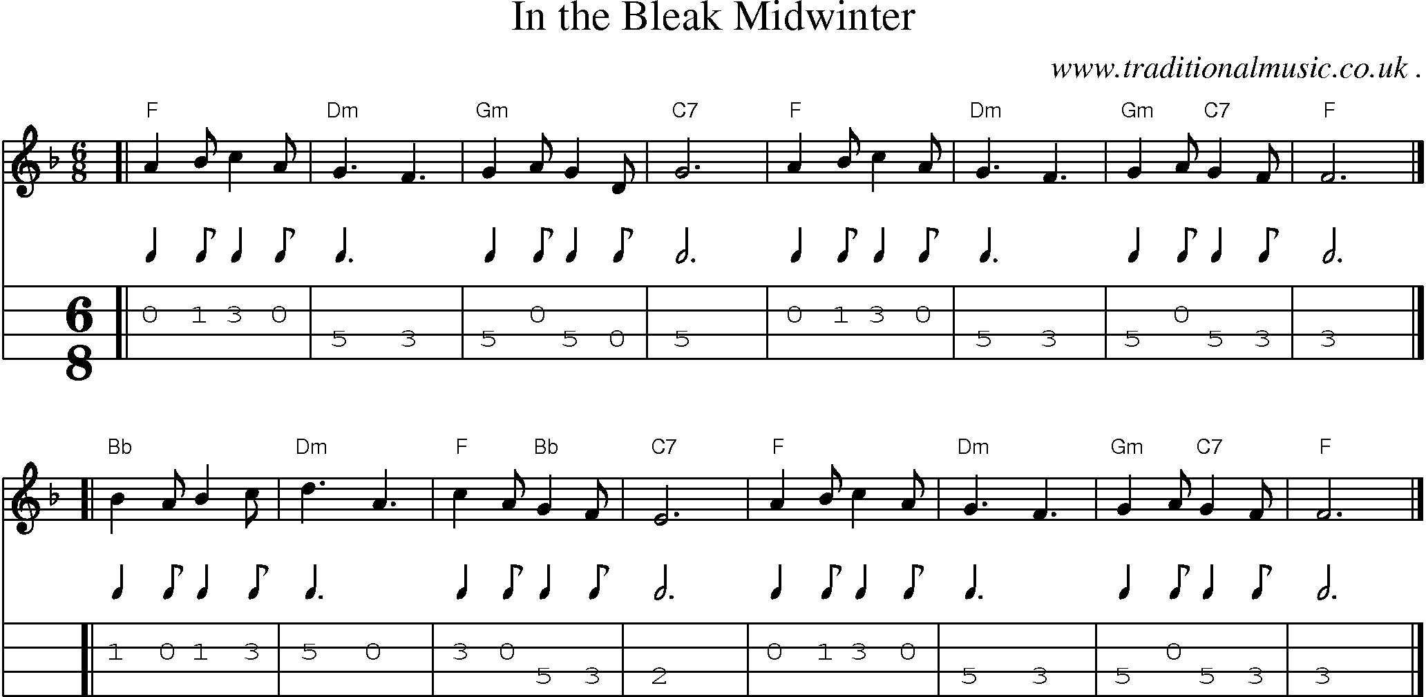 Sheet-music  score, Chords and Mandolin Tabs for In The Bleak Midwinter