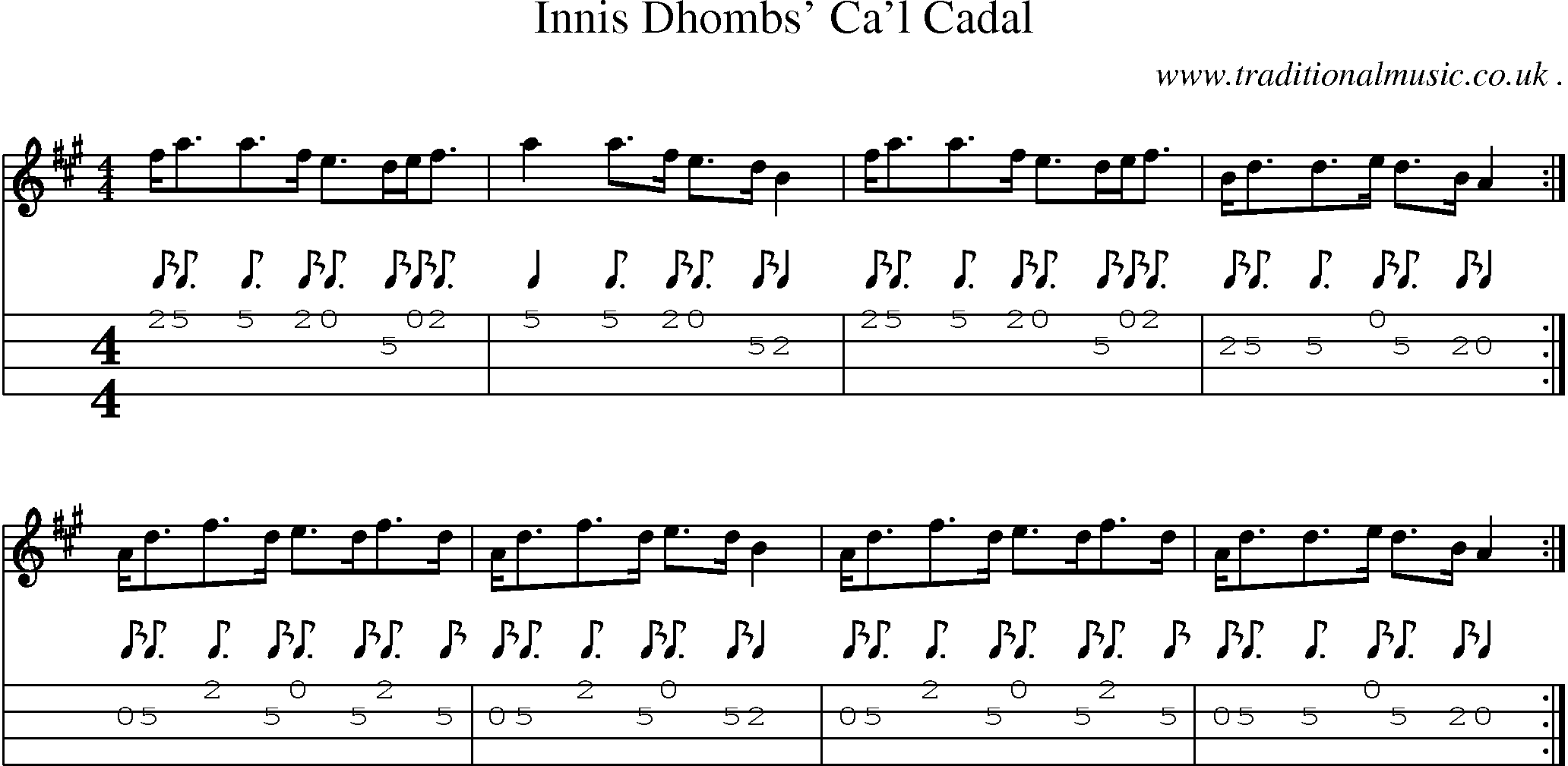 Sheet-music  score, Chords and Mandolin Tabs for Innis Dhombs Cal Cadal