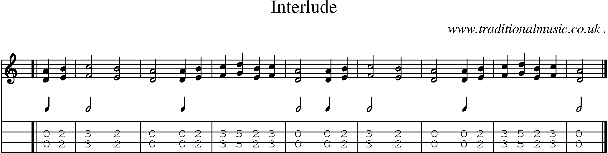 Sheet-music  score, Chords and Mandolin Tabs for Interlude