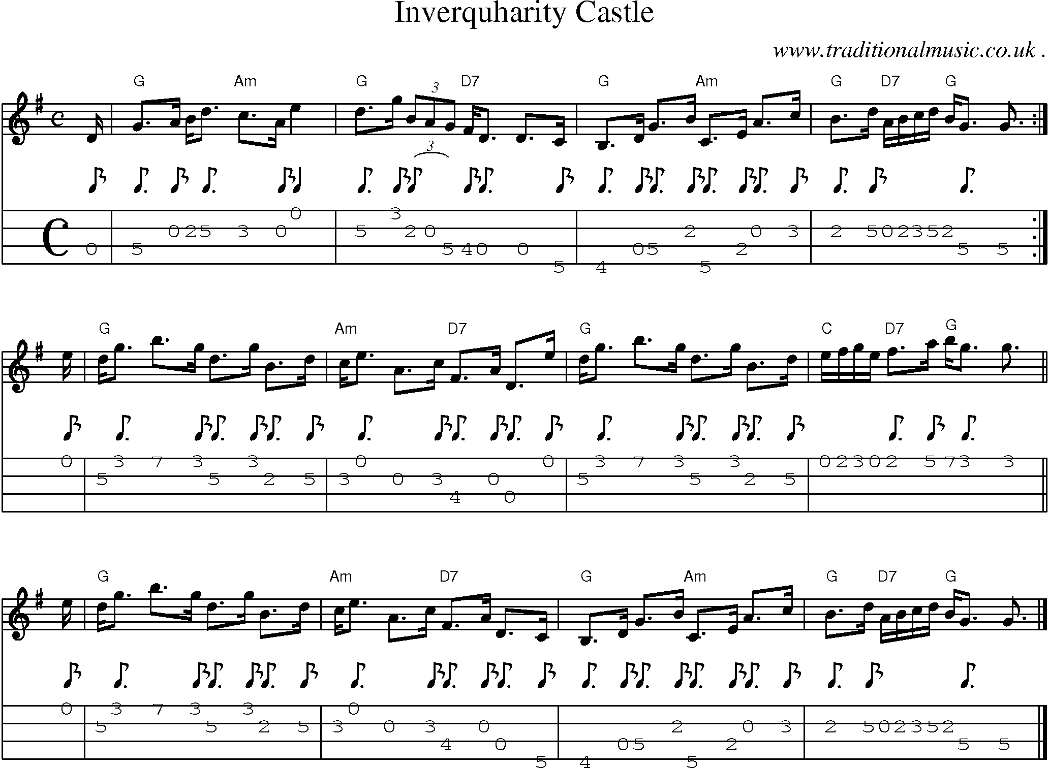 Sheet-music  score, Chords and Mandolin Tabs for Inverquharity Castle