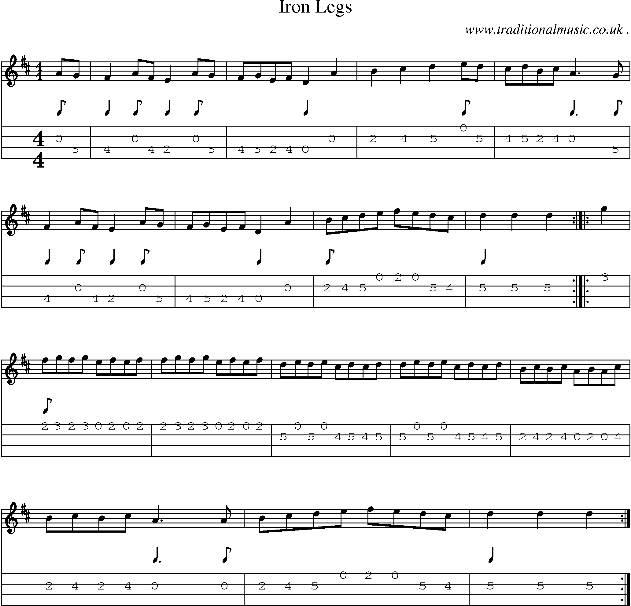Sheet-music  score, Chords and Mandolin Tabs for Iron Legs