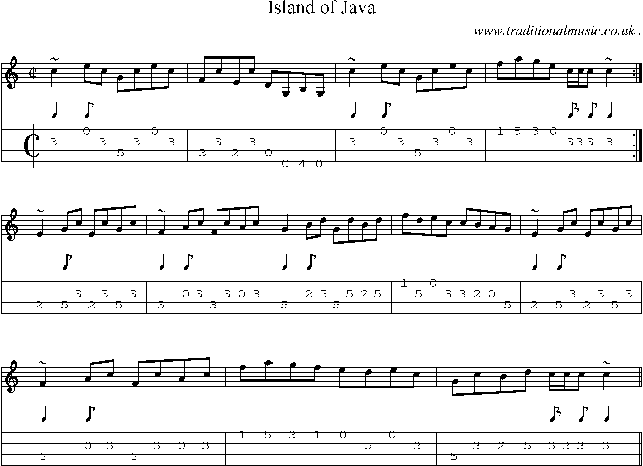 Sheet-music  score, Chords and Mandolin Tabs for Island Of Java