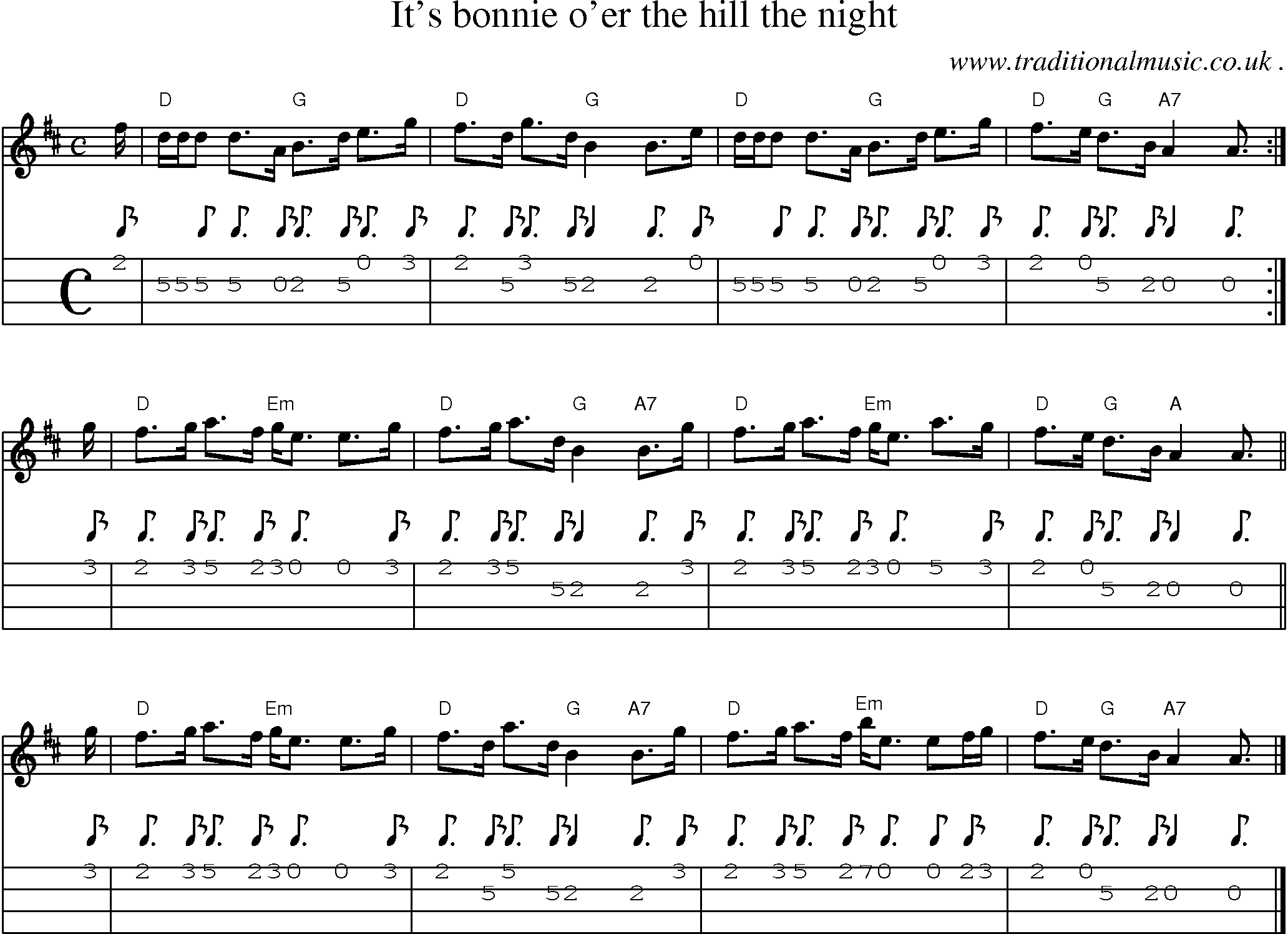Sheet-music  score, Chords and Mandolin Tabs for Its Bonnie Oer The Hill The Night