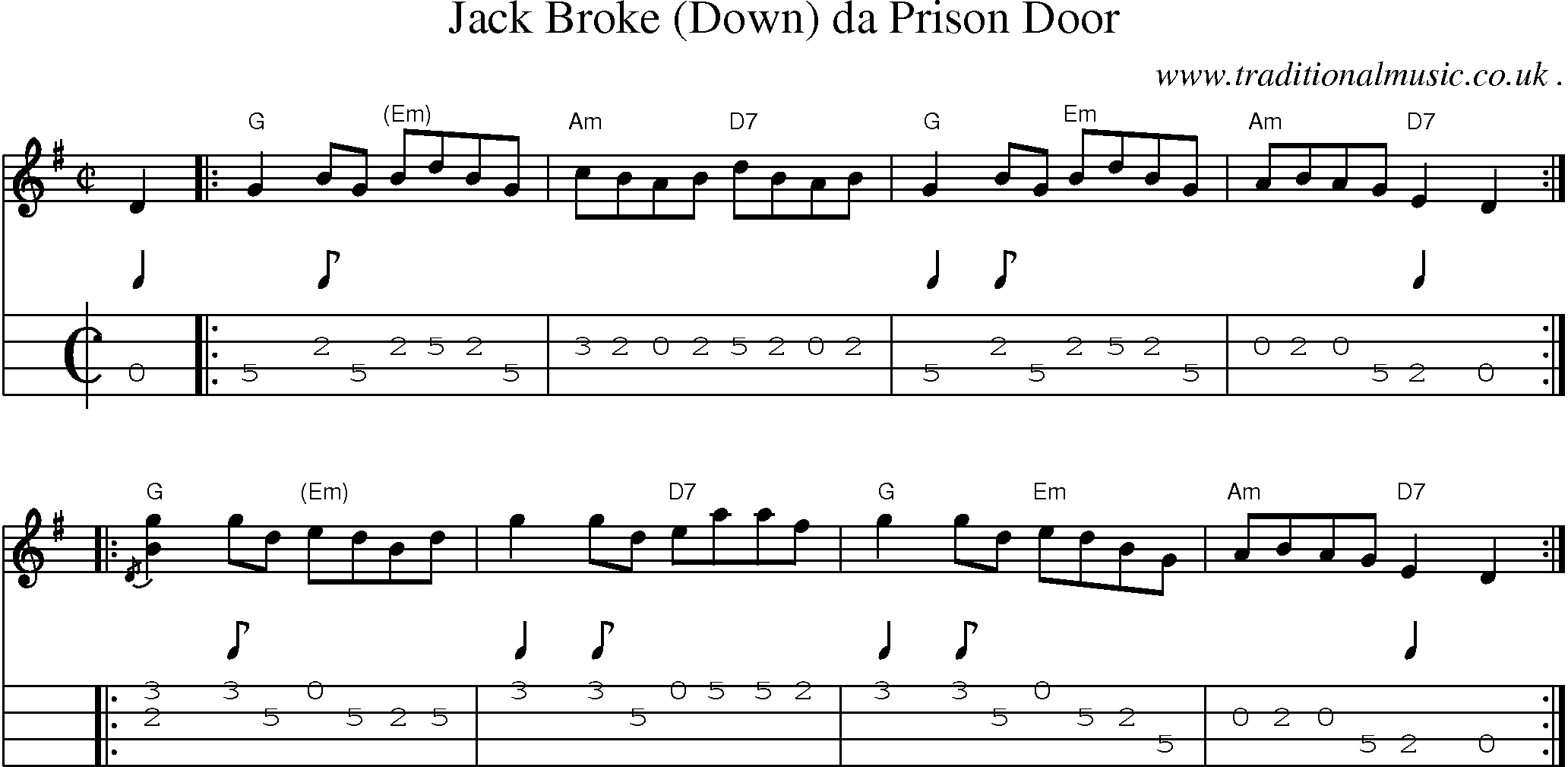 Sheet-music  score, Chords and Mandolin Tabs for Jack Broke Down Da Prison Door