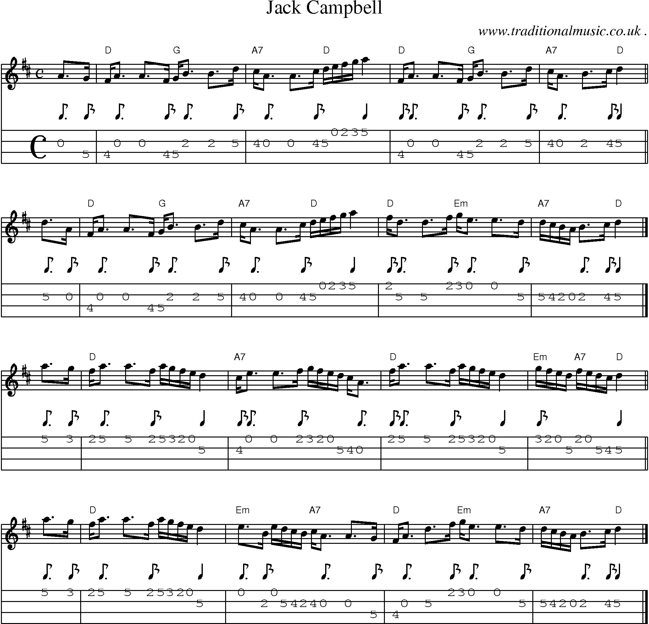Sheet-music  score, Chords and Mandolin Tabs for Jack Campbell
