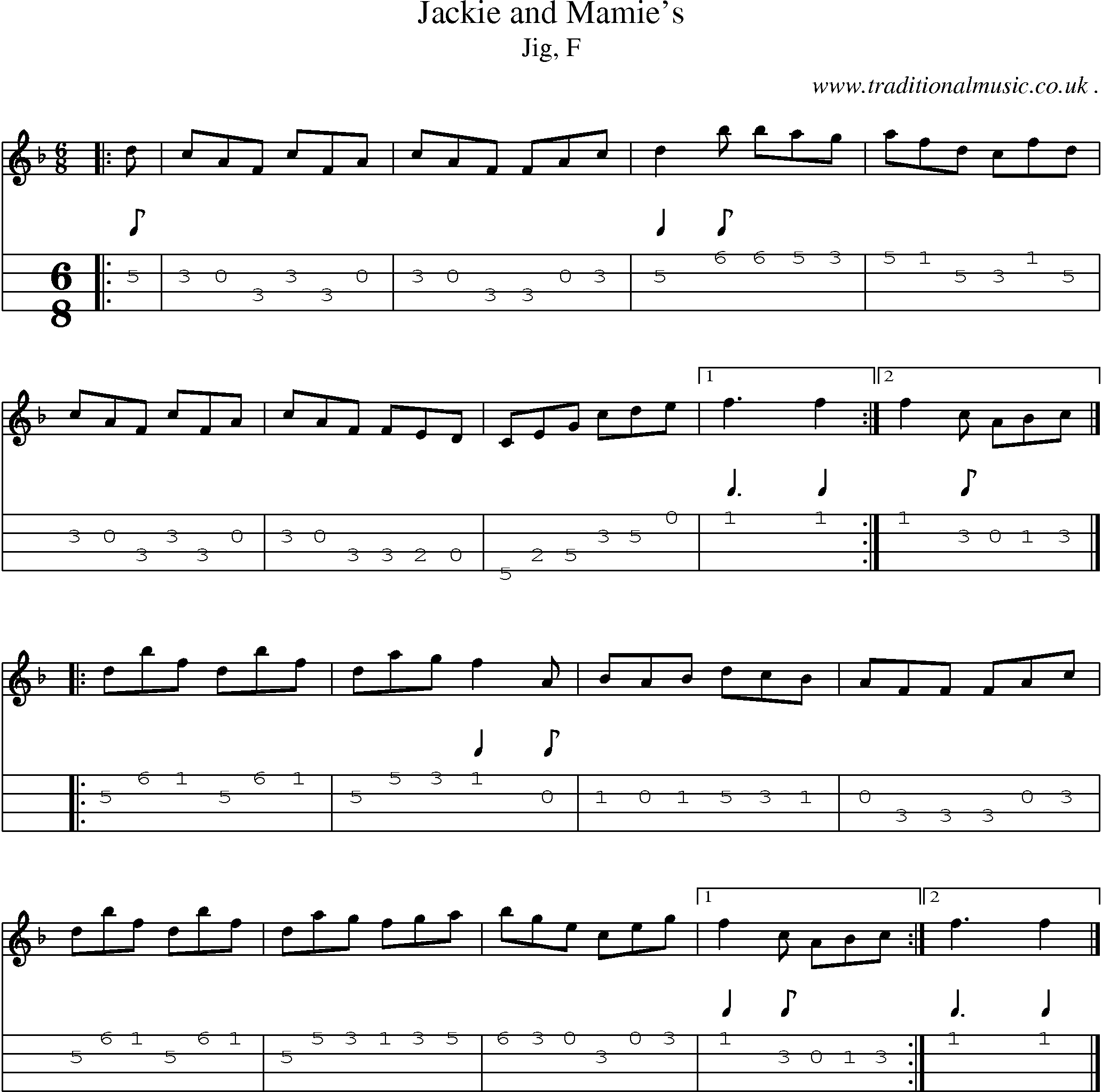 Sheet-music  score, Chords and Mandolin Tabs for Jackie And Mamies