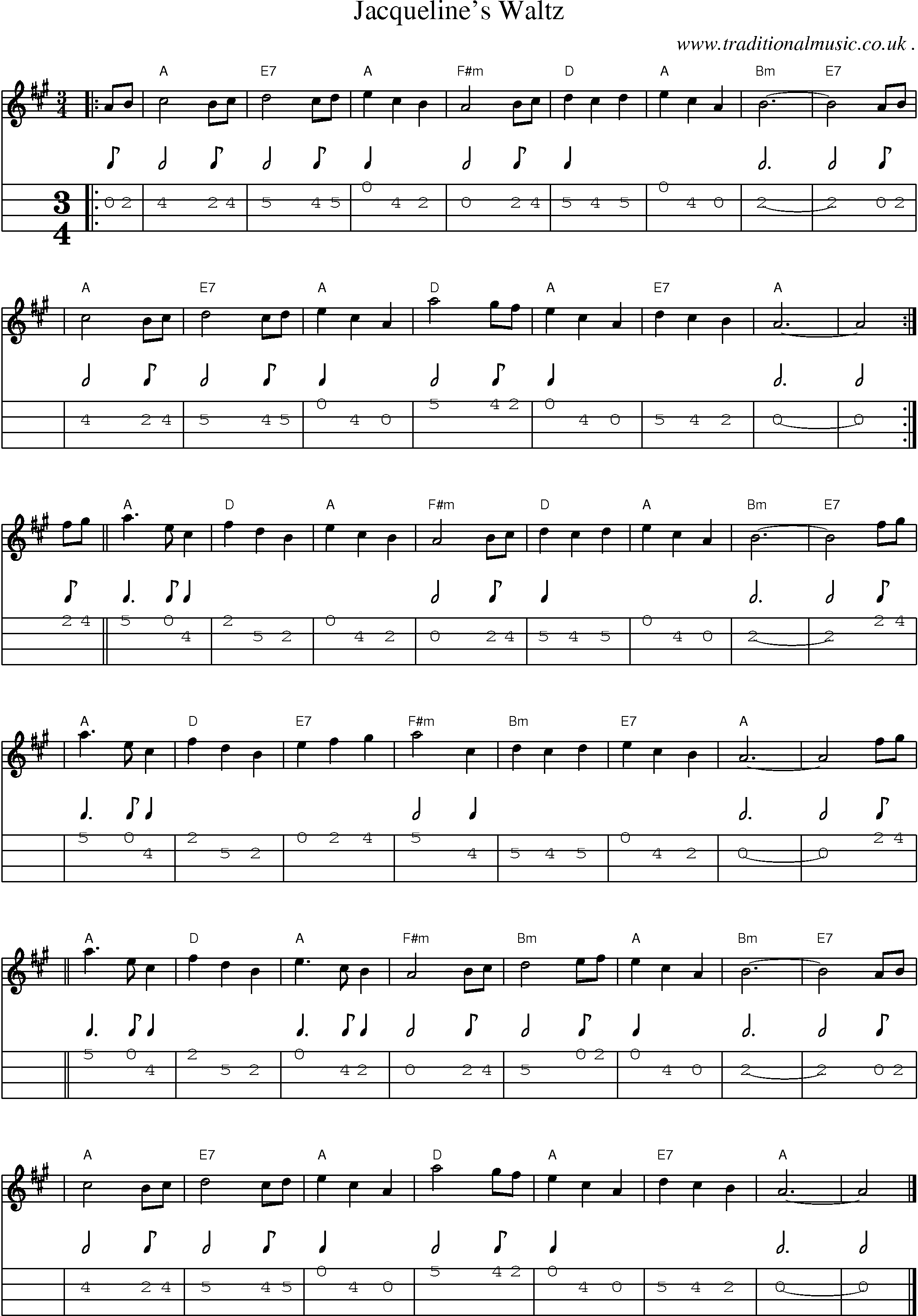Sheet-music  score, Chords and Mandolin Tabs for Jacquelines Waltz