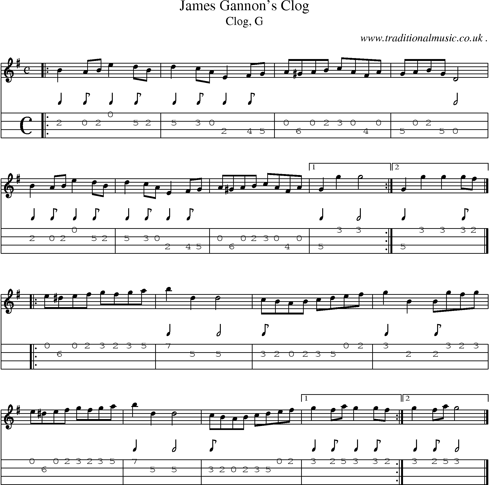 Sheet-music  score, Chords and Mandolin Tabs for James Gannons Clog