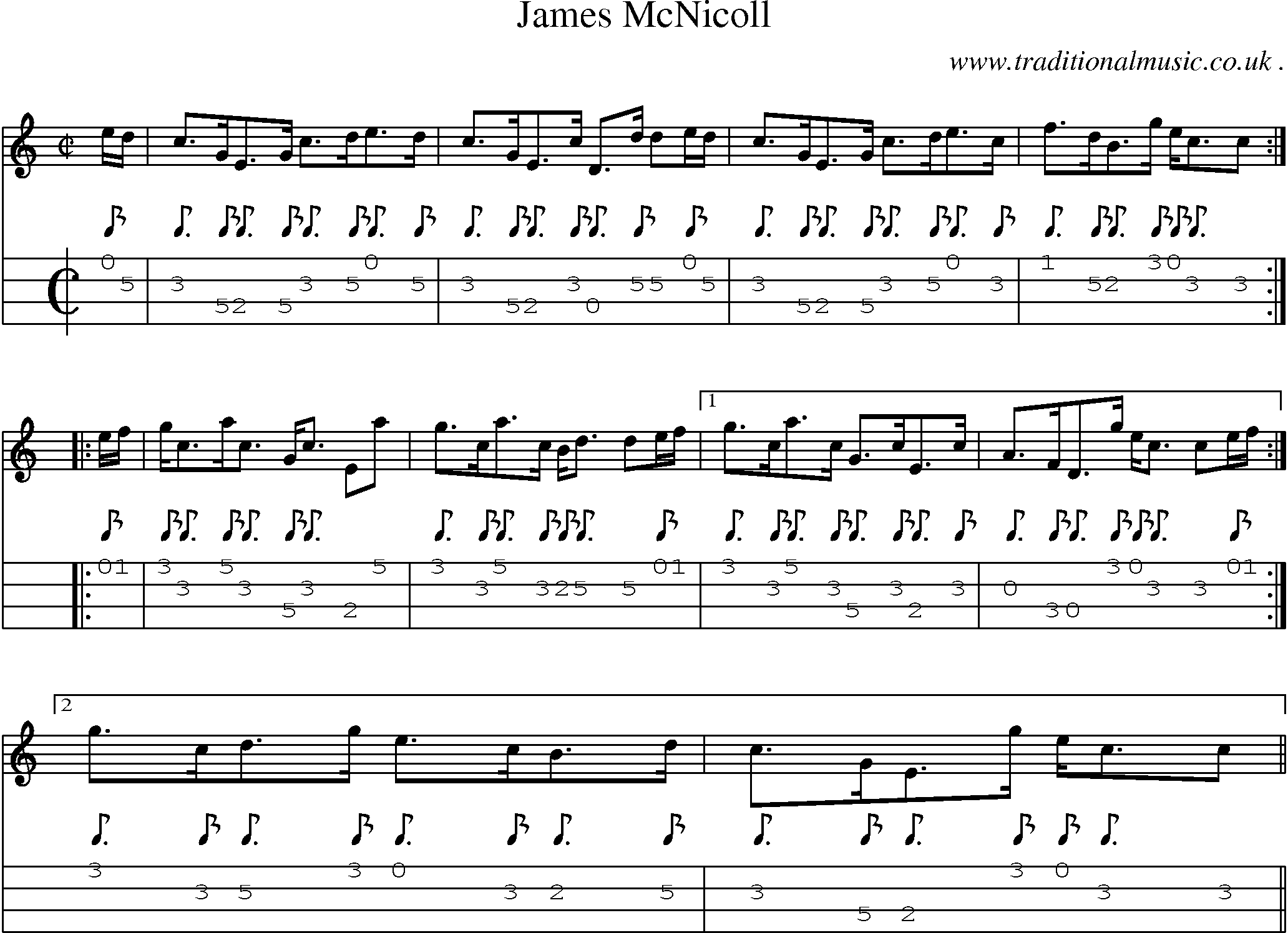 Sheet-music  score, Chords and Mandolin Tabs for James Mcnicoll