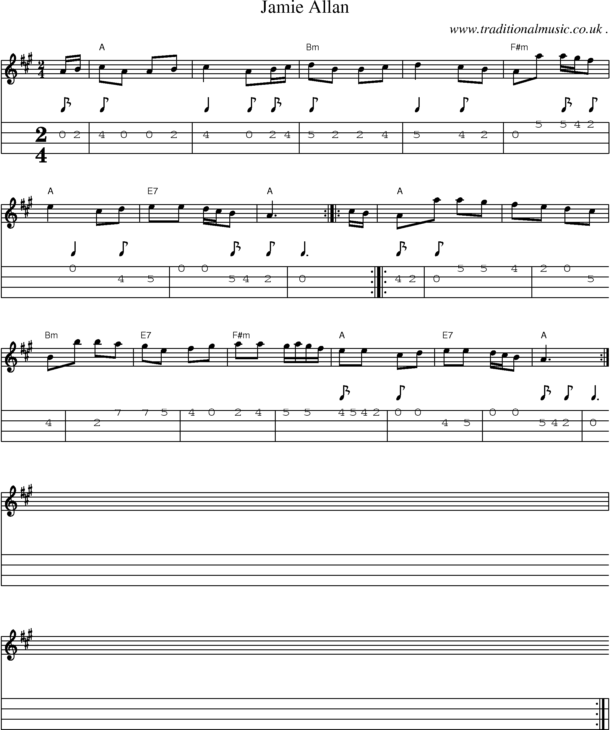 Sheet-music  score, Chords and Mandolin Tabs for Jamie Allan