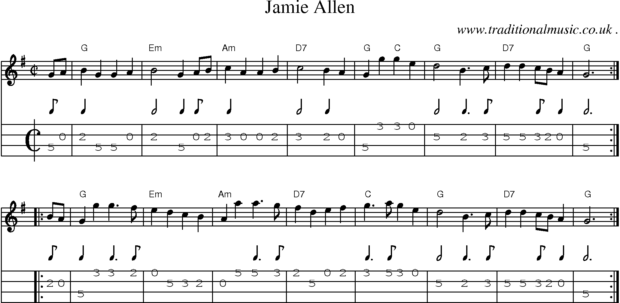 Sheet-music  score, Chords and Mandolin Tabs for Jamie Allen