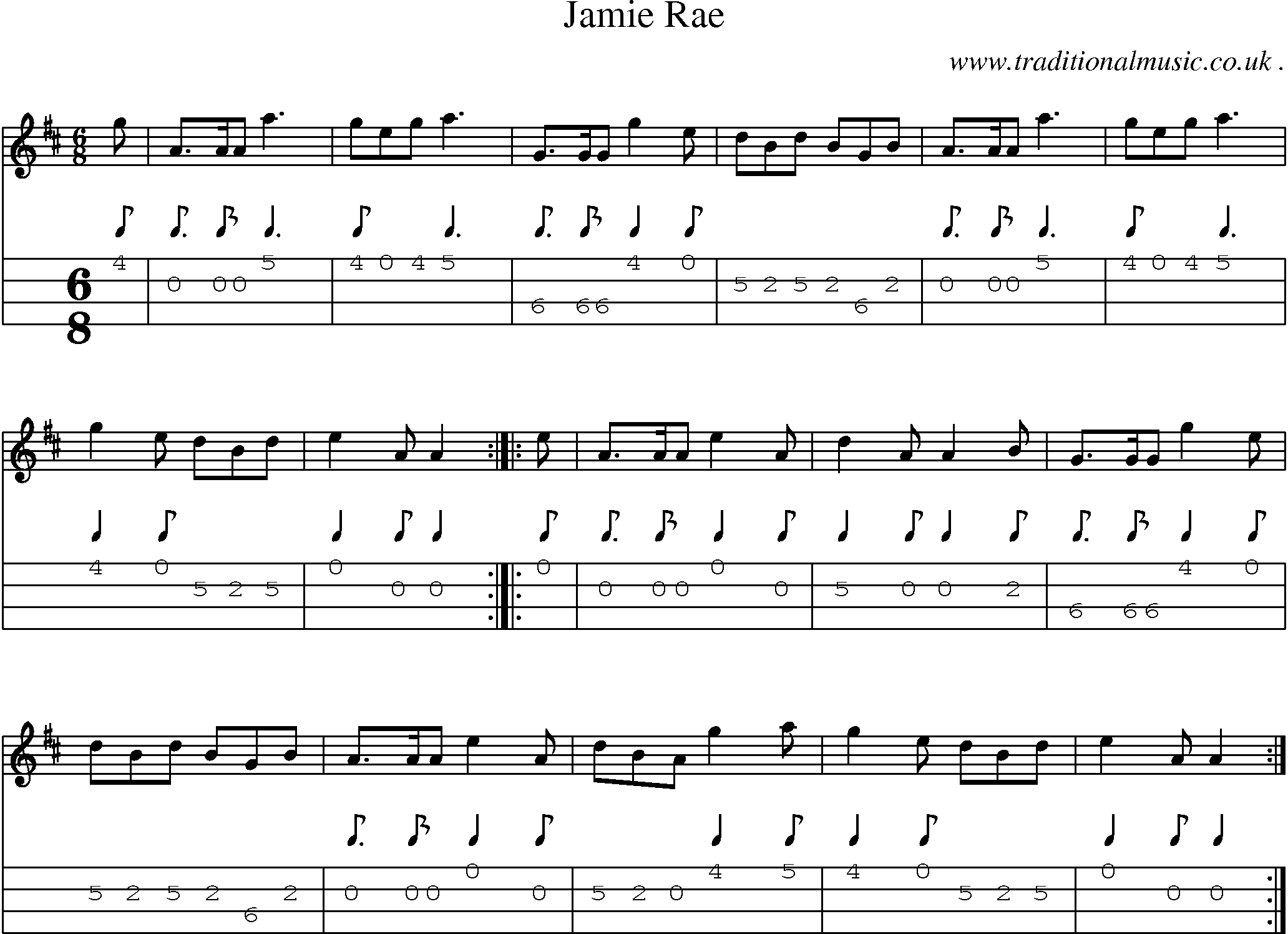 Sheet-music  score, Chords and Mandolin Tabs for Jamie Rae