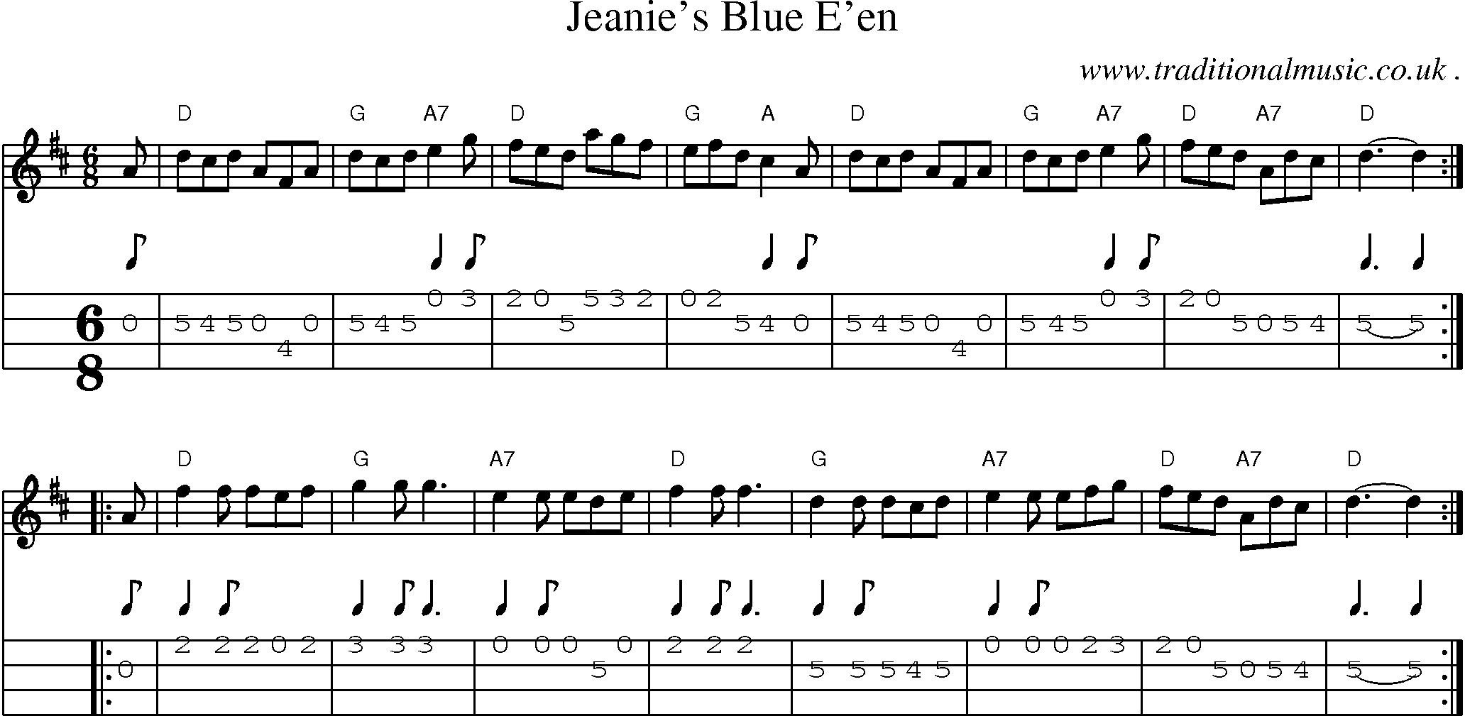 Sheet-music  score, Chords and Mandolin Tabs for Jeanies Blue Een
