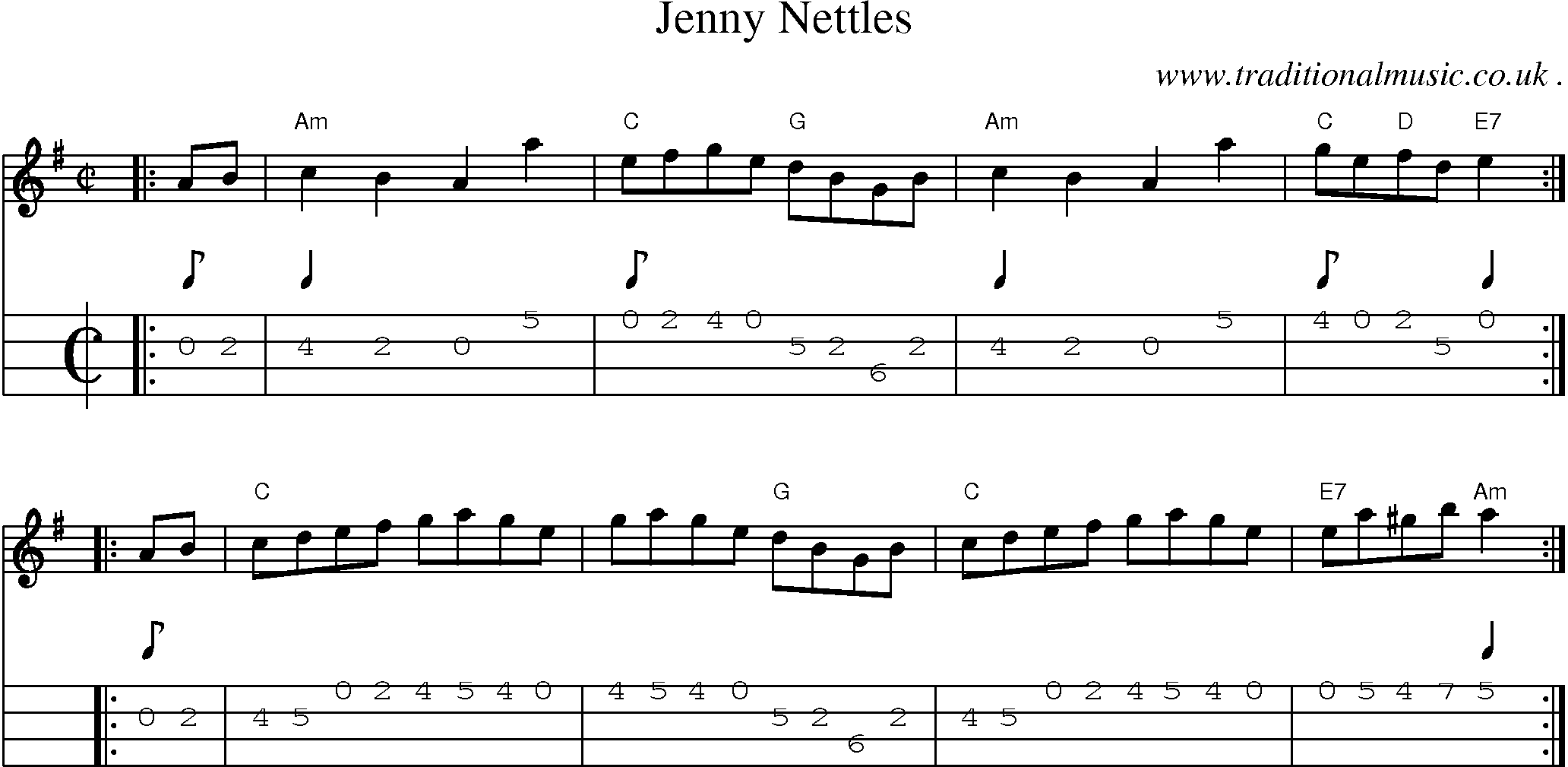 Sheet-music  score, Chords and Mandolin Tabs for Jenny Nettles