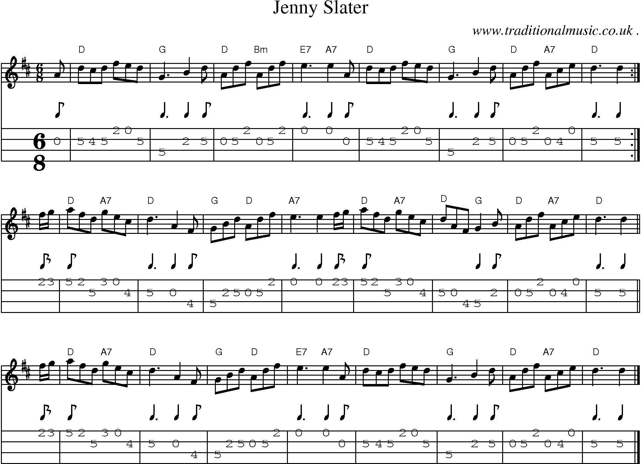 Sheet-music  score, Chords and Mandolin Tabs for Jenny Slater