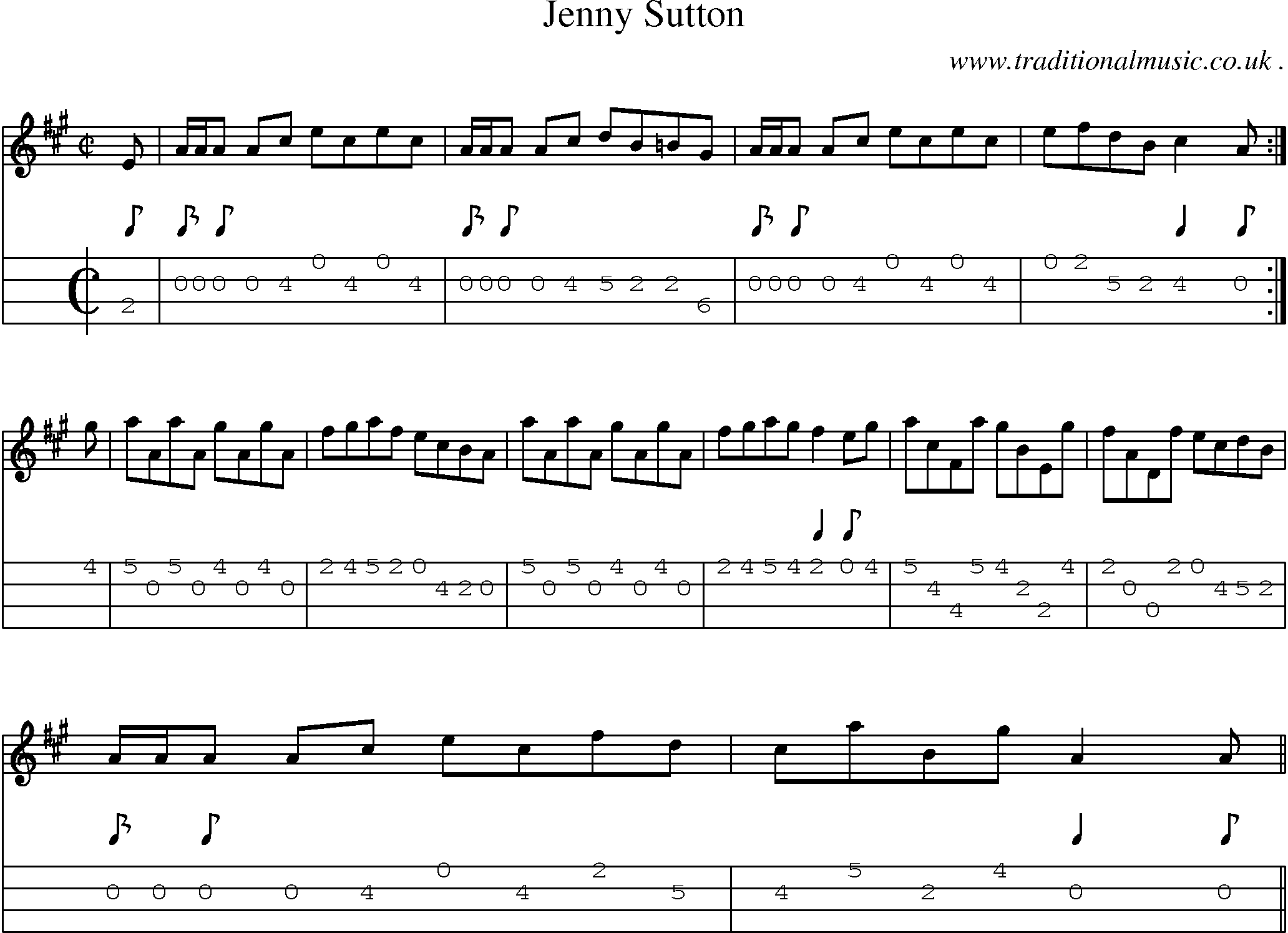 Sheet-music  score, Chords and Mandolin Tabs for Jenny Sutton