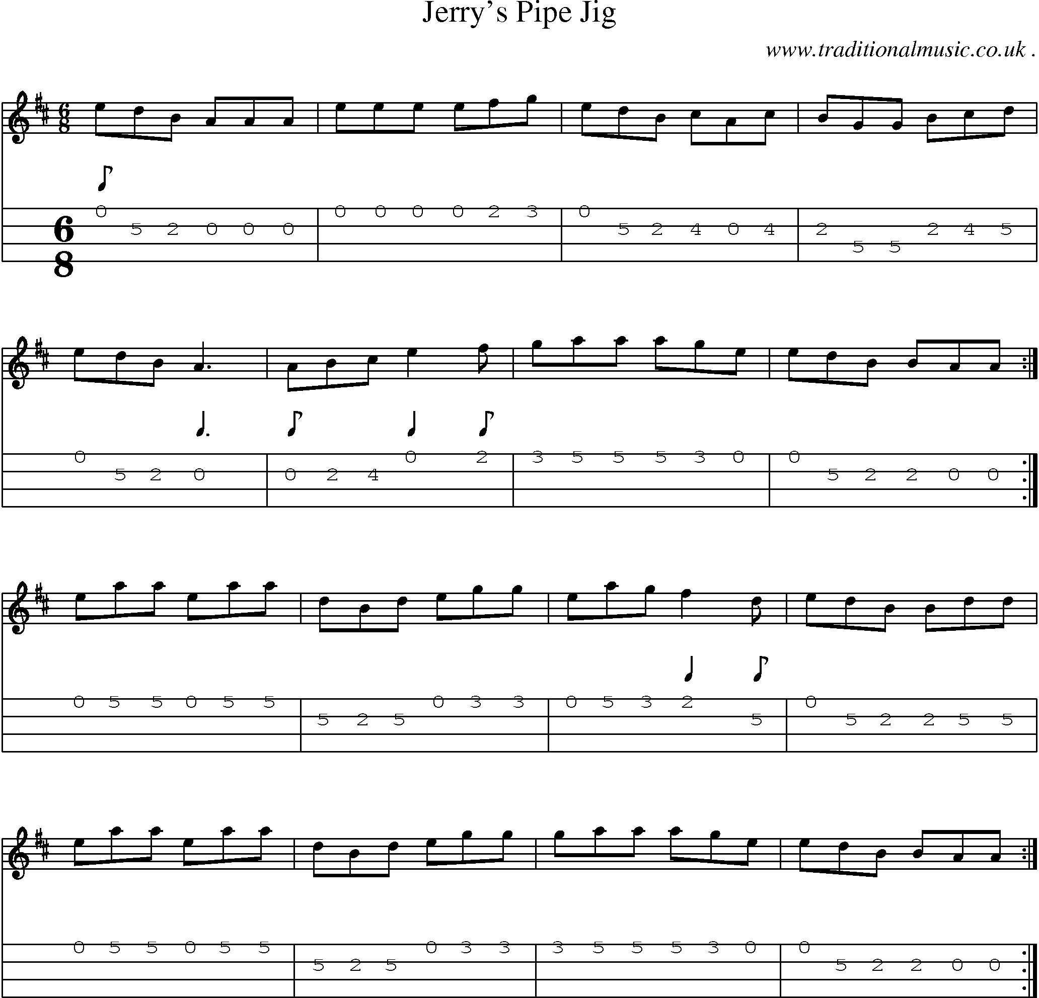 Sheet-music  score, Chords and Mandolin Tabs for Jerrys Pipe Jig