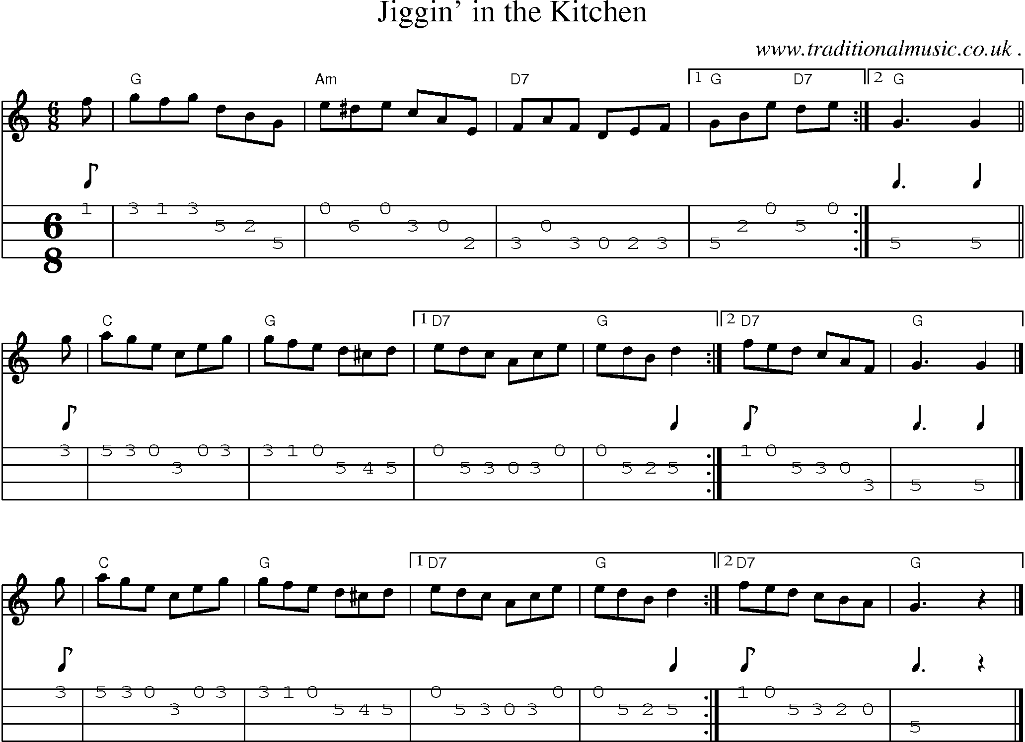 Sheet-music  score, Chords and Mandolin Tabs for Jiggin In The Kitchen