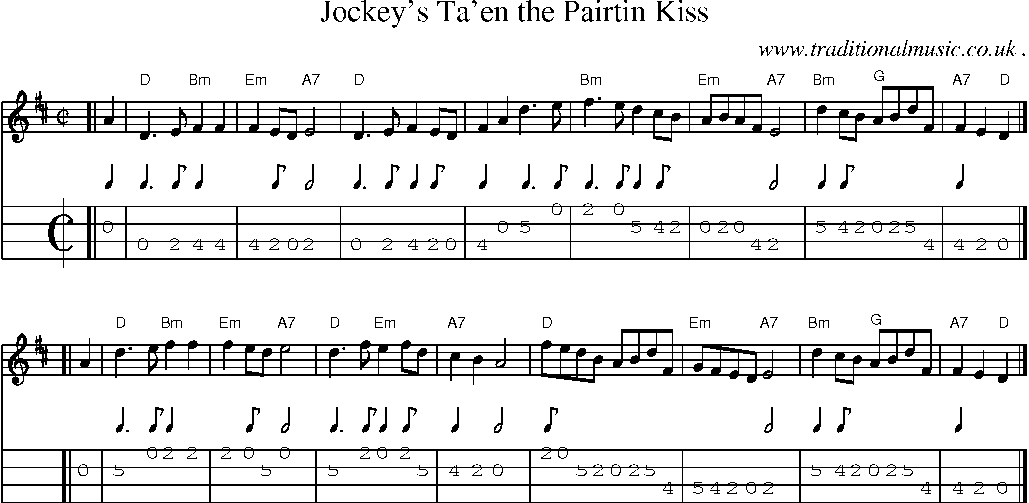 Sheet-music  score, Chords and Mandolin Tabs for Jockeys Taen The Pairtin Kiss