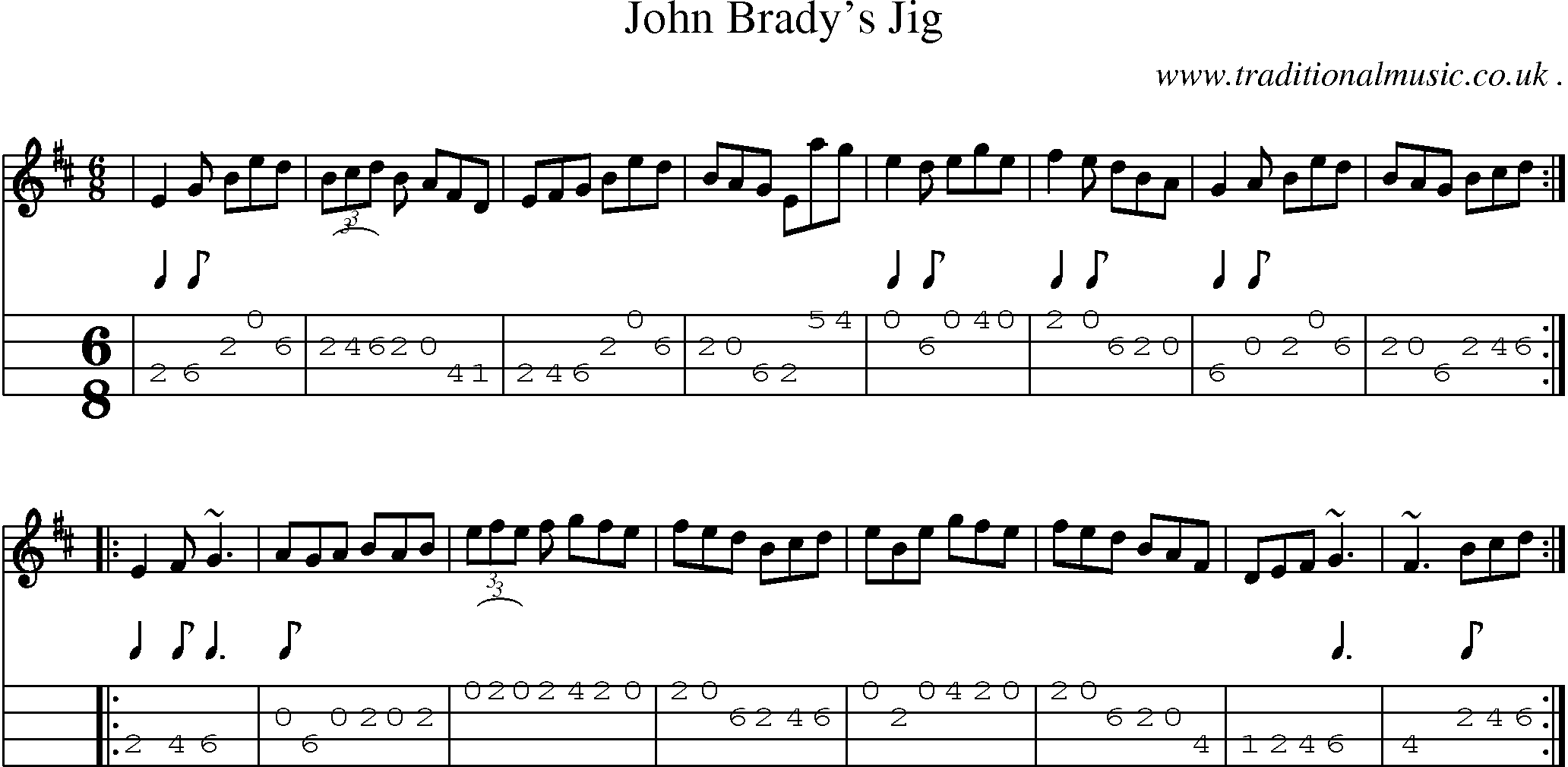 Sheet-music  score, Chords and Mandolin Tabs for John Bradys Jig