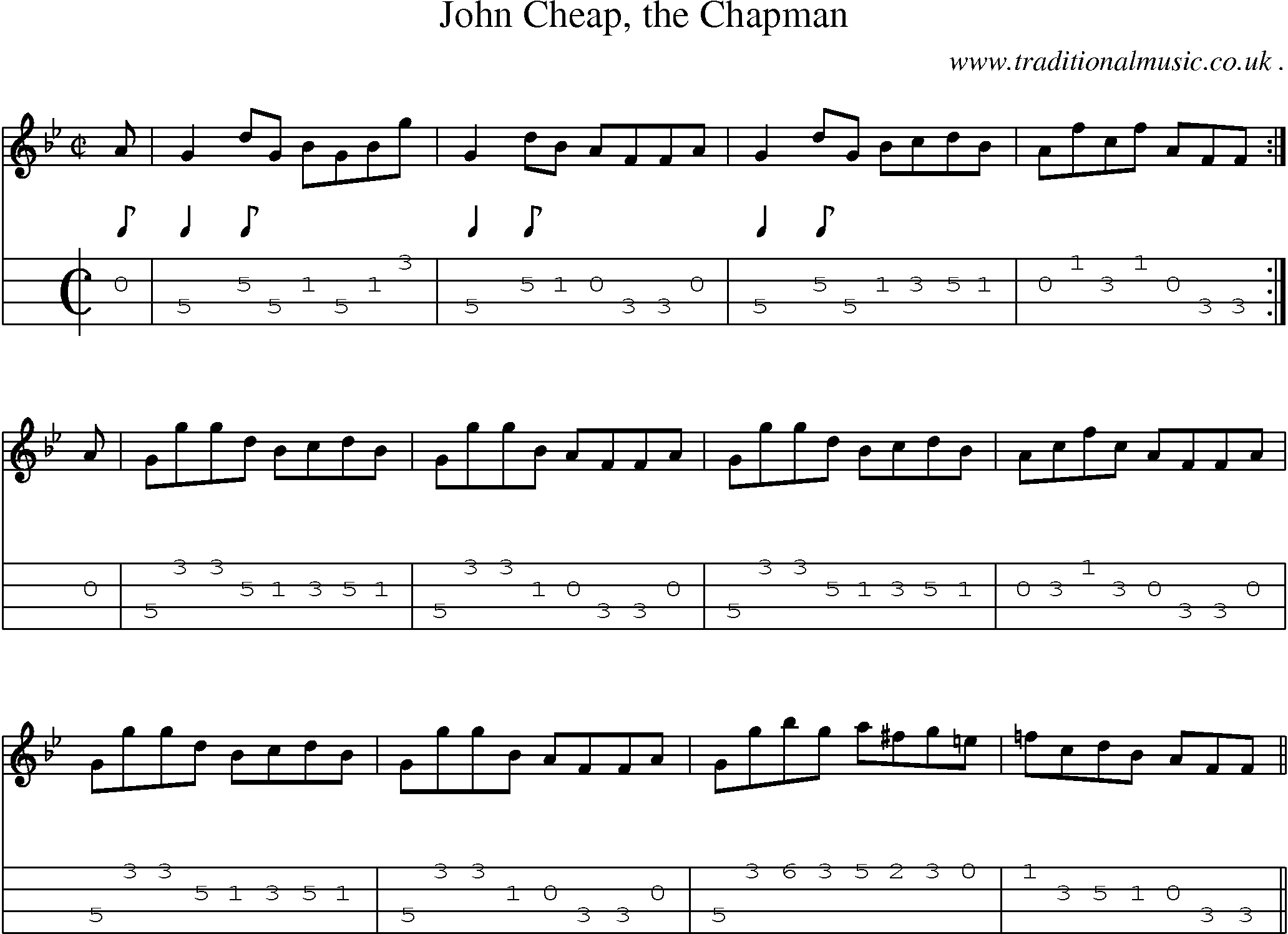 Sheet-music  score, Chords and Mandolin Tabs for John Cheap The Chapman